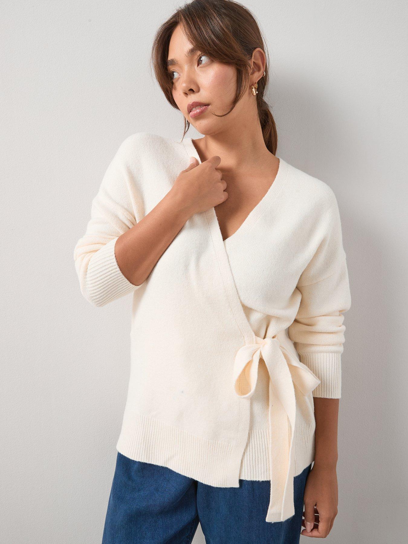 Image 6 of 6 of V by Very Curve Cosy Yarn Longline Wrap Jumper With Wool - Beige