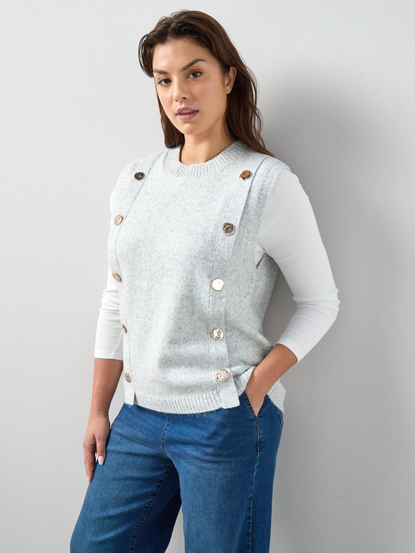 V by Very Curve Timeless Yarn Sleeveless Button Detail Vest - Grey