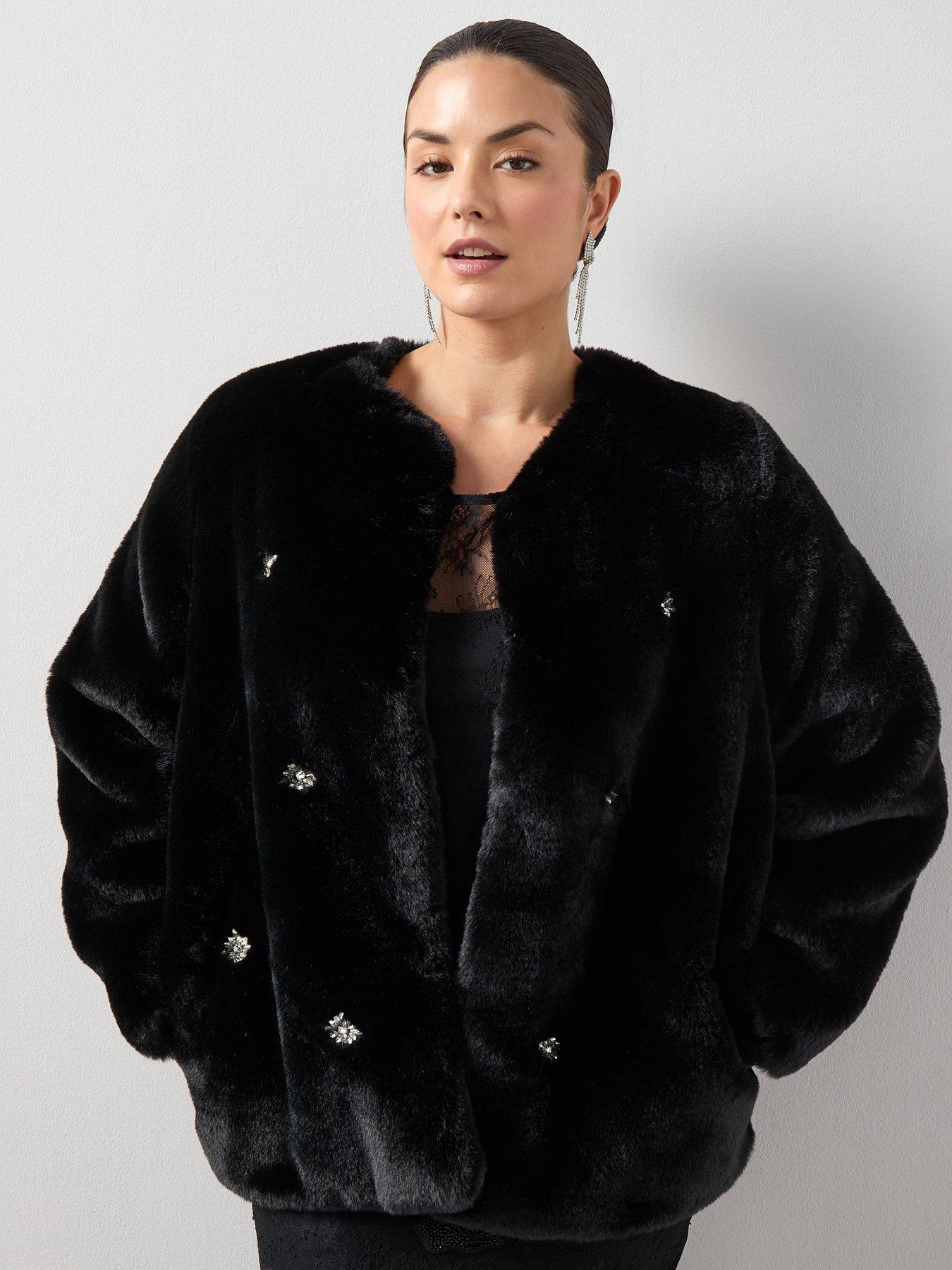 The Very Collection Curve Embellished Faux Fur Coat - Black
