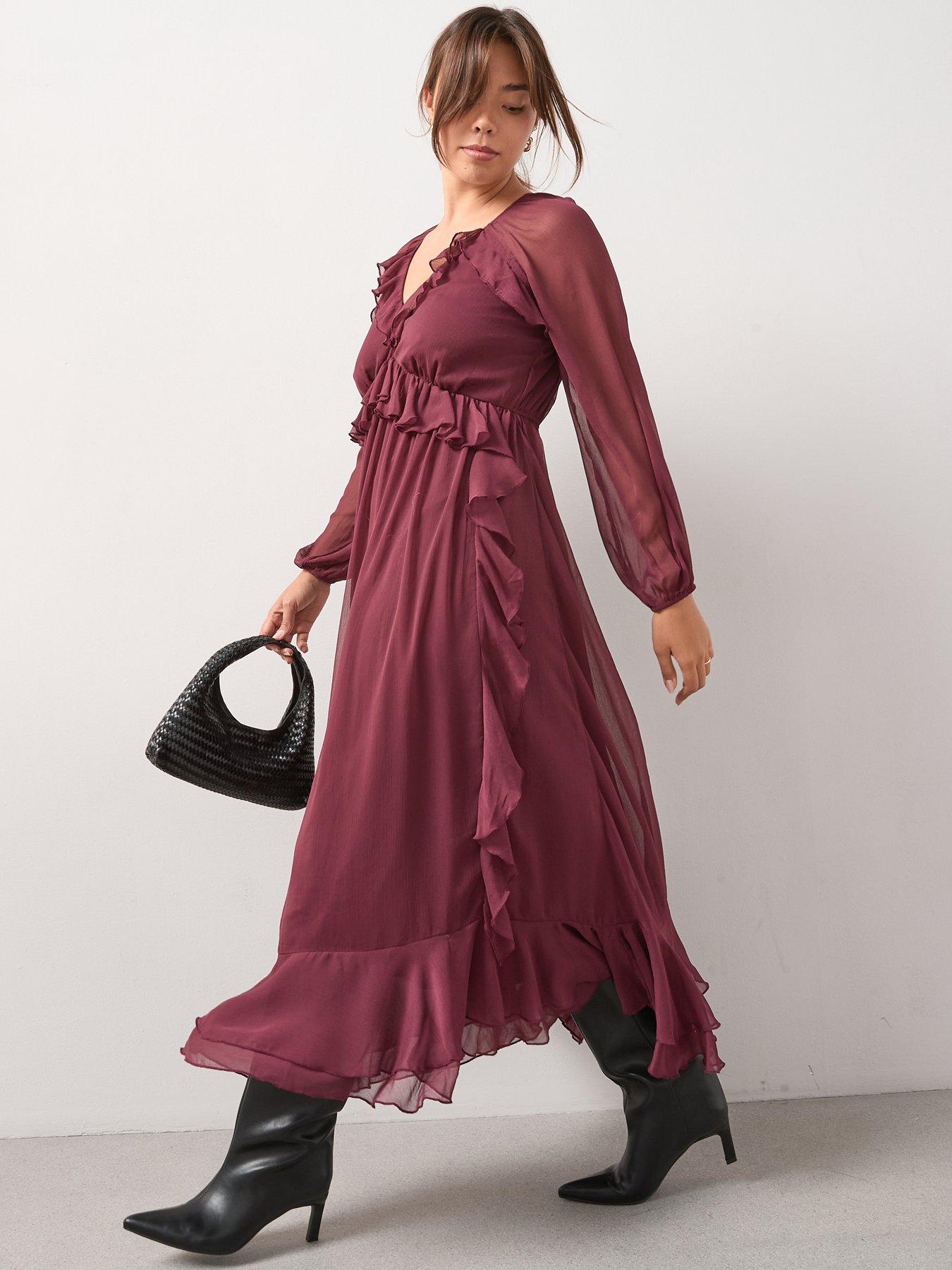 V by Very Curve Ruffle Detail Midaxi Dress - Red