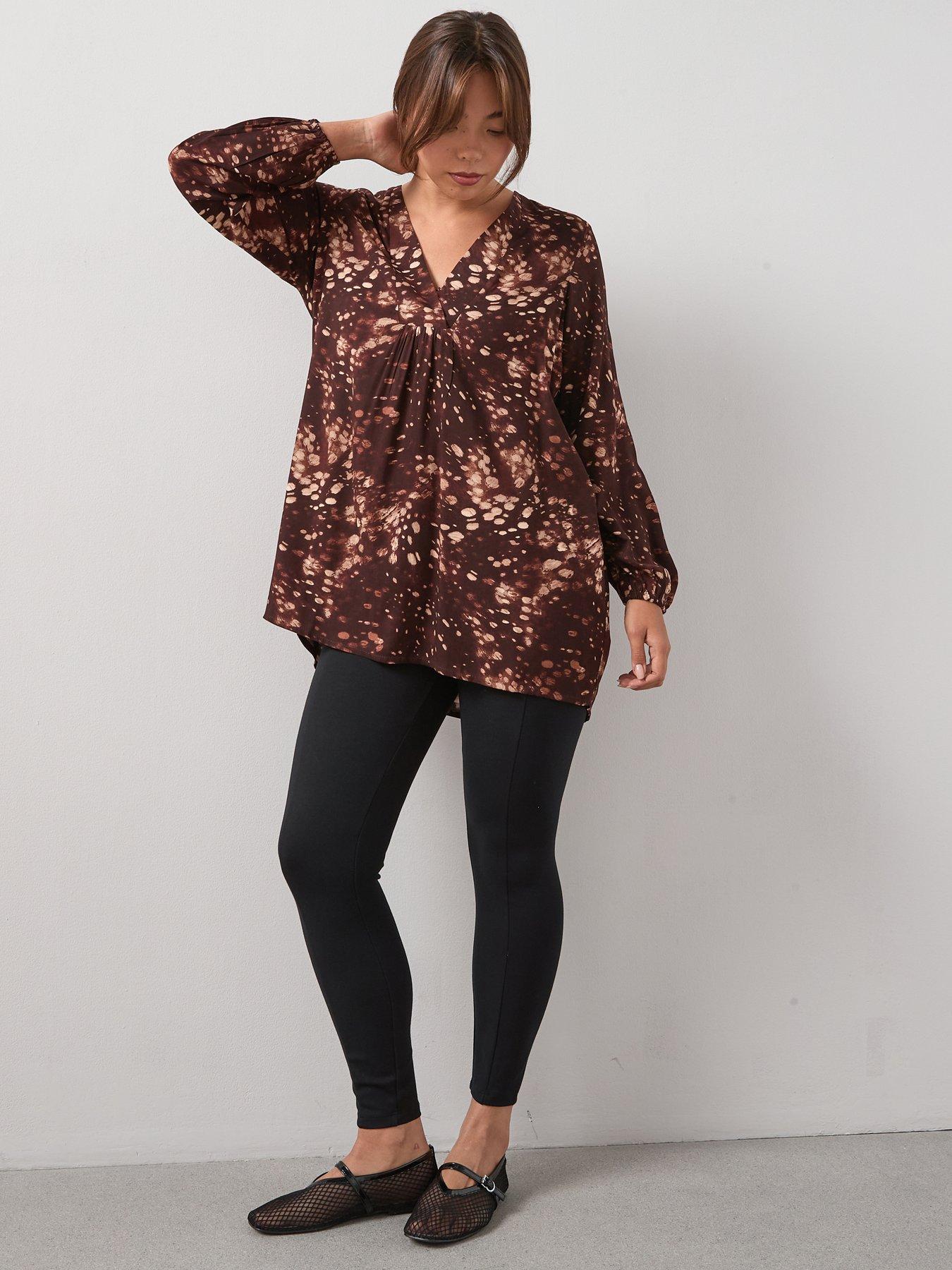 V by Very Curve Printed Smock Longline Blouse - Chocolate