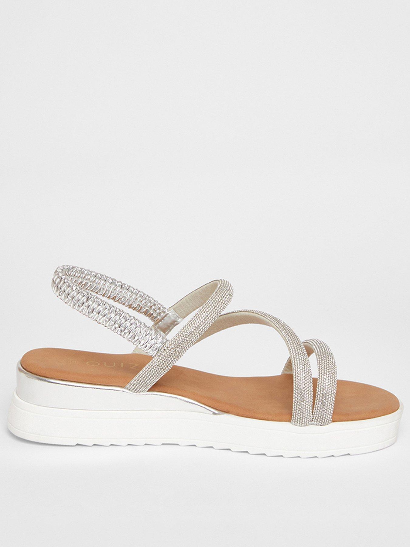 Image 1 of 5 of Quiz Silver Diamante Strappy Flatform Sandals
