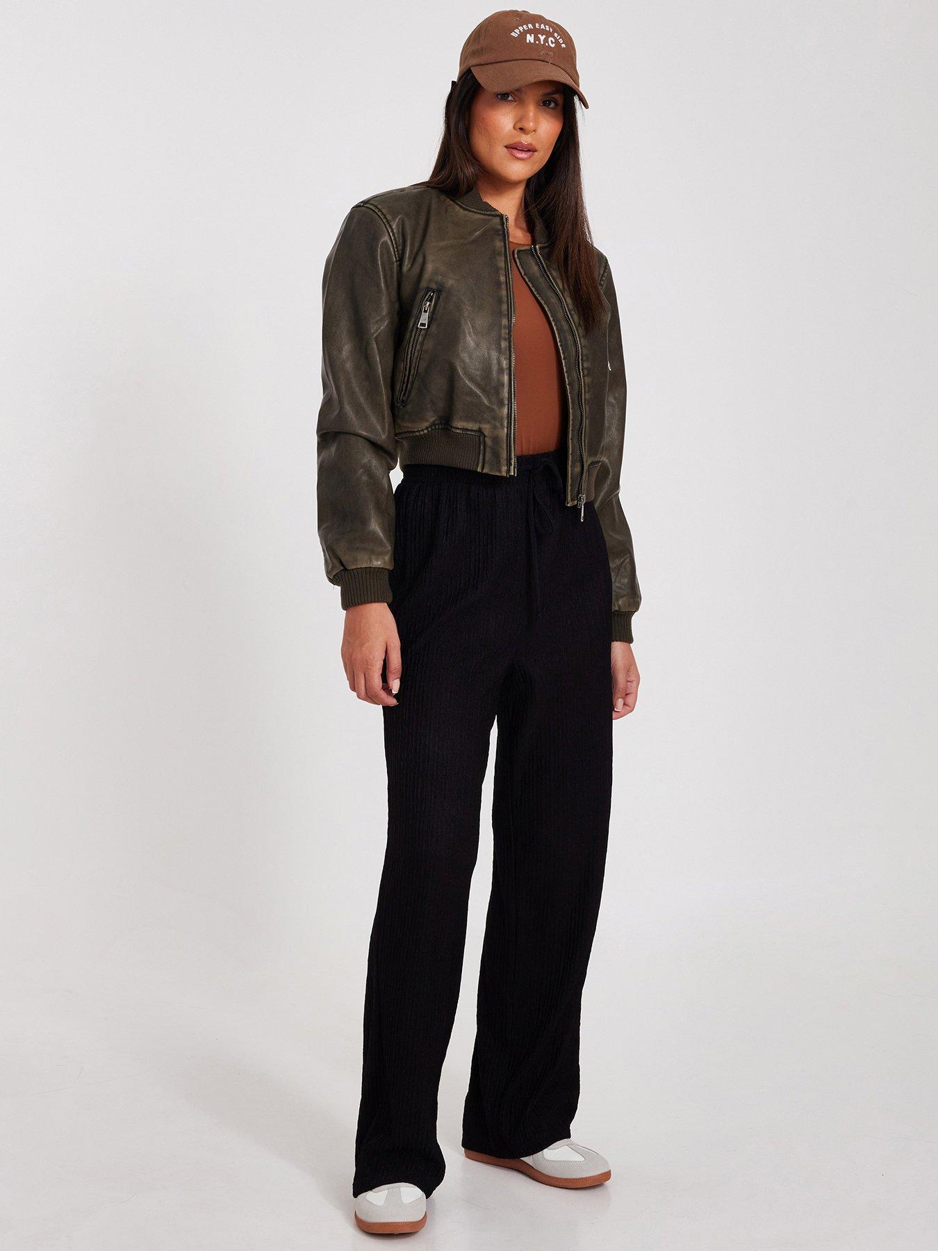 undefined Khaki Faux Leather Bomber Jacket