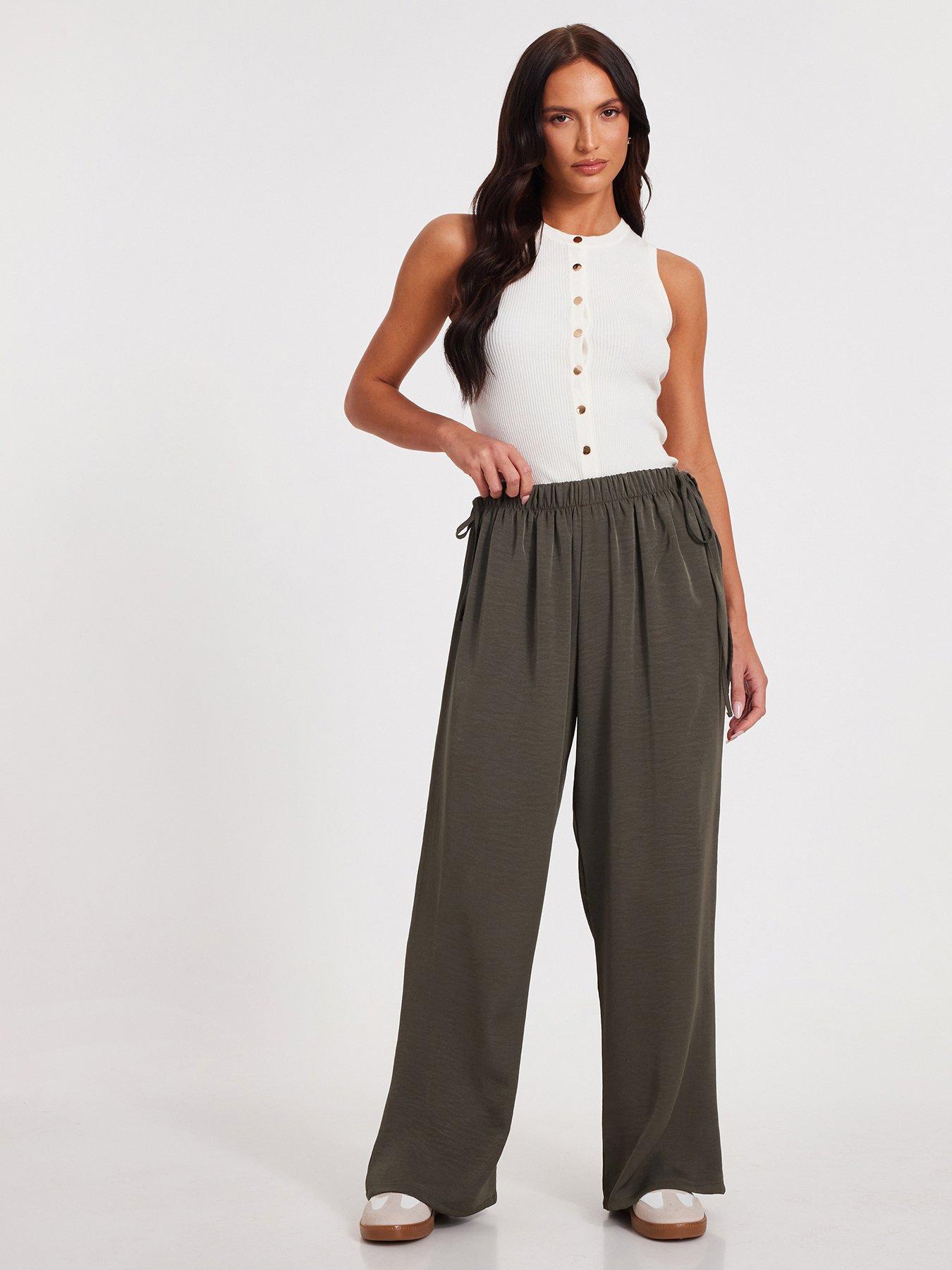 Image 1 of 6 of Quiz Khaki Tie Waist Palazzo Trousers