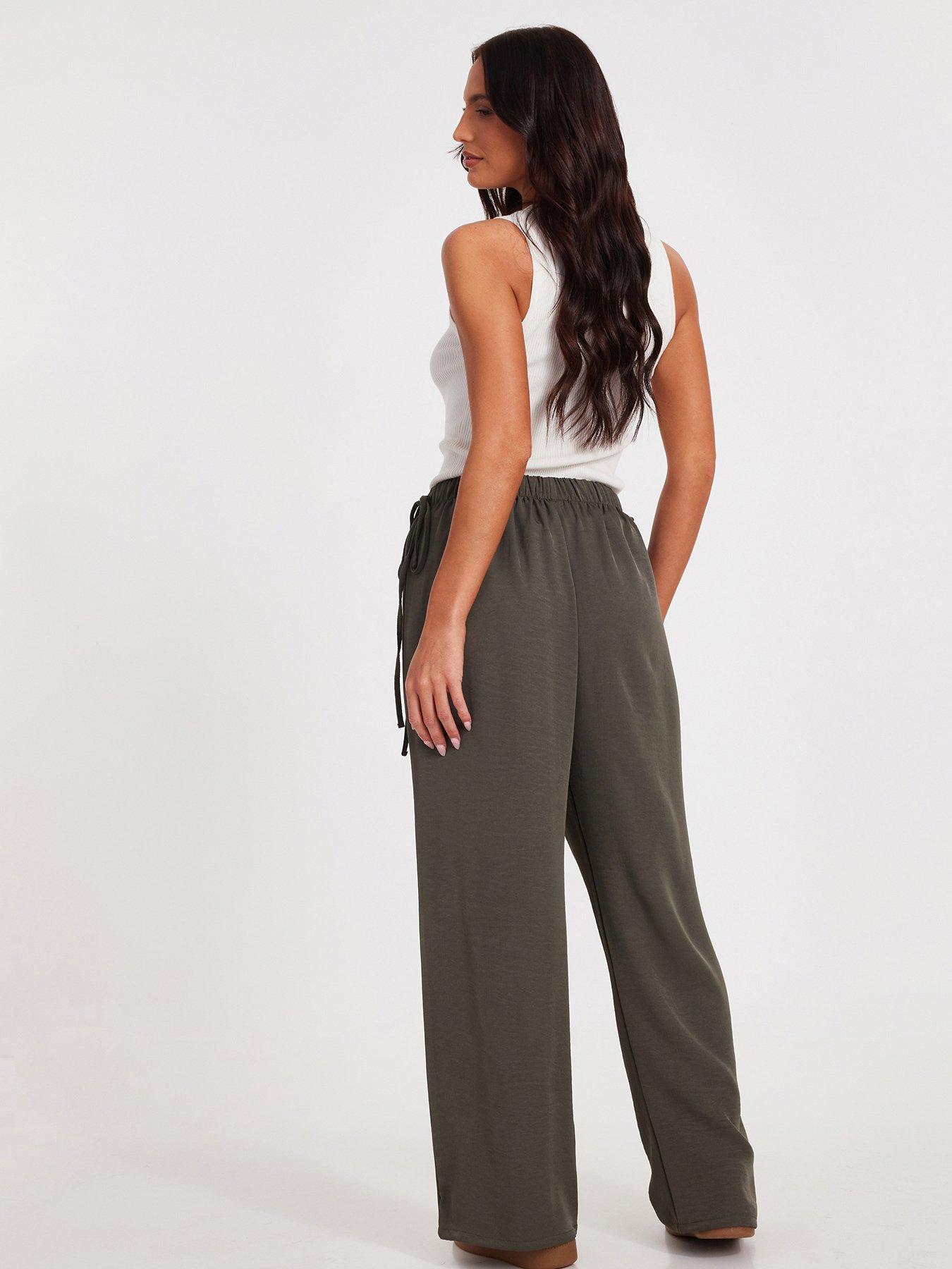 Image 2 of 6 of Quiz Khaki Tie Waist Palazzo Trousers
