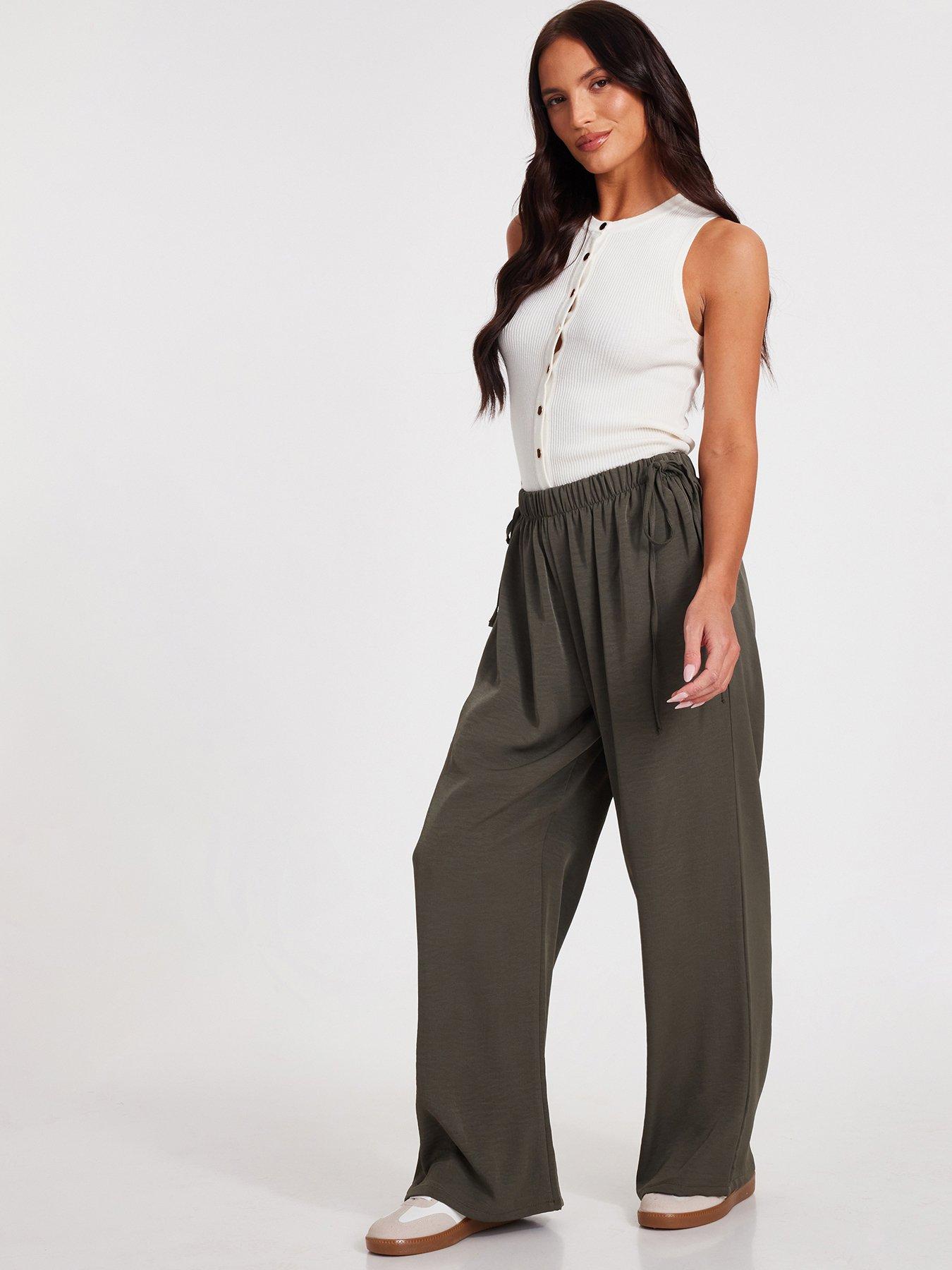 Image 3 of 6 of Quiz Khaki Tie Waist Palazzo Trousers