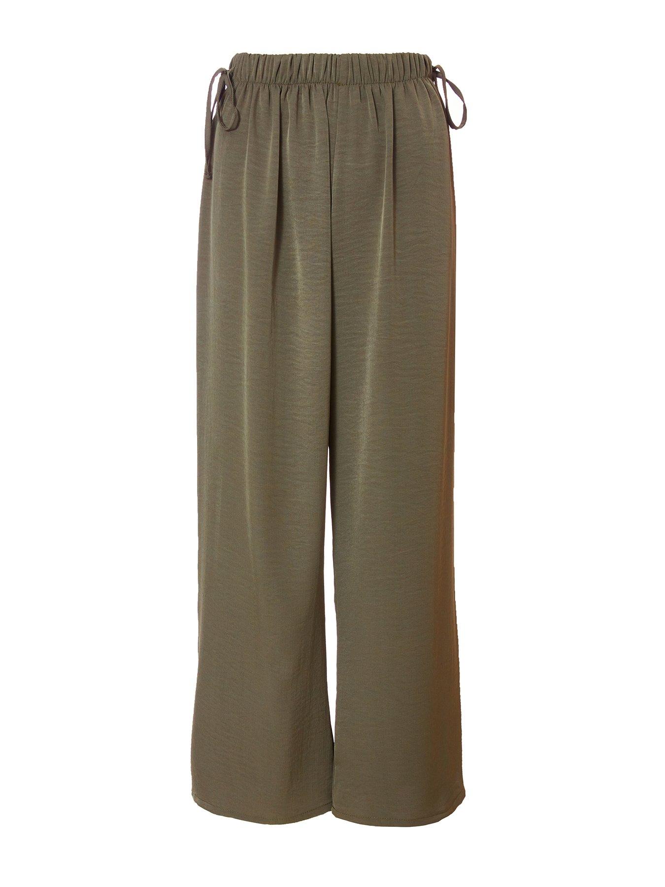 Image 4 of 6 of Quiz Khaki Tie Waist Palazzo Trousers