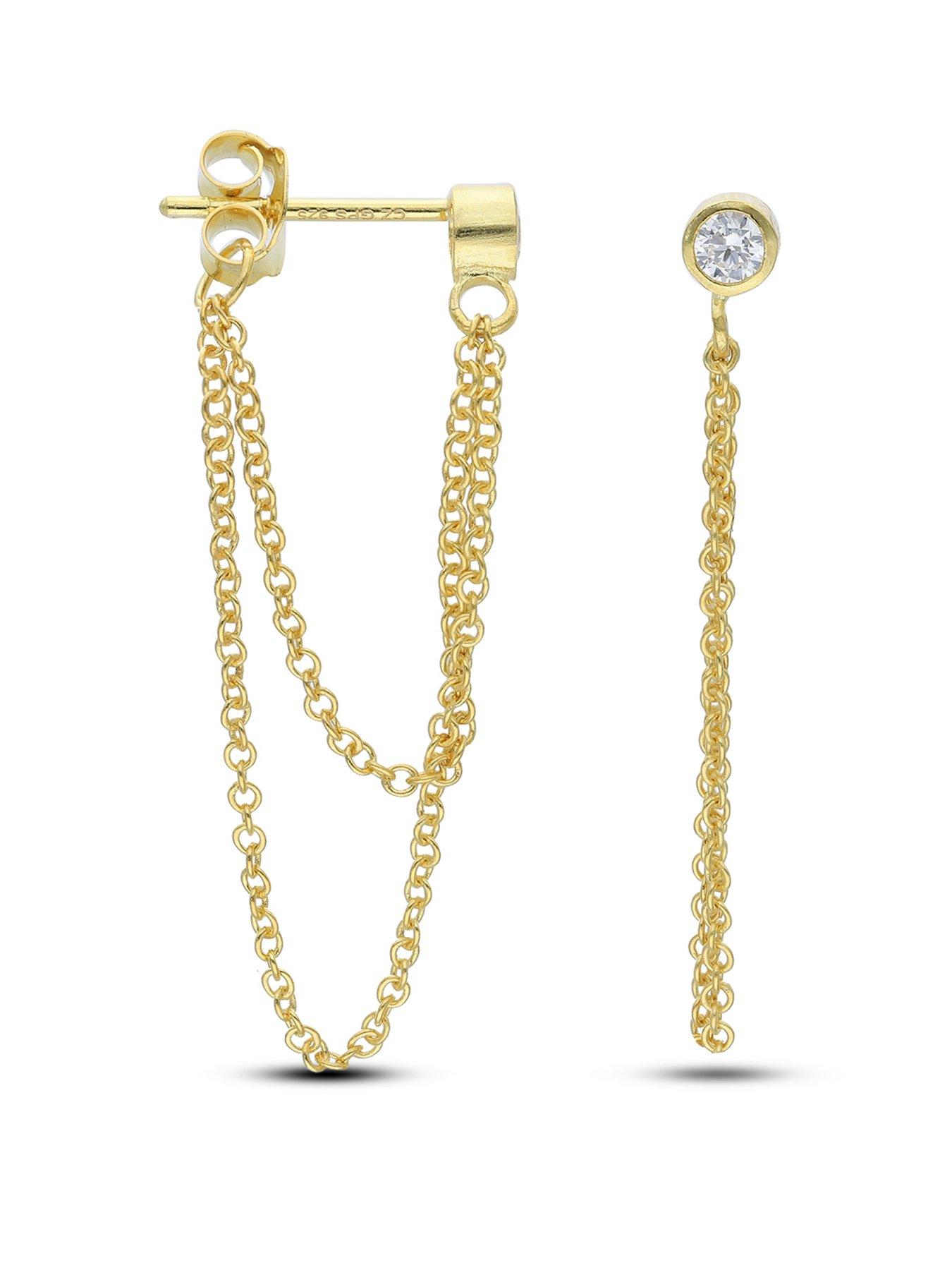 undefined Sterling Silver Gold Plated CZ Ball and Chain Stud Earrings