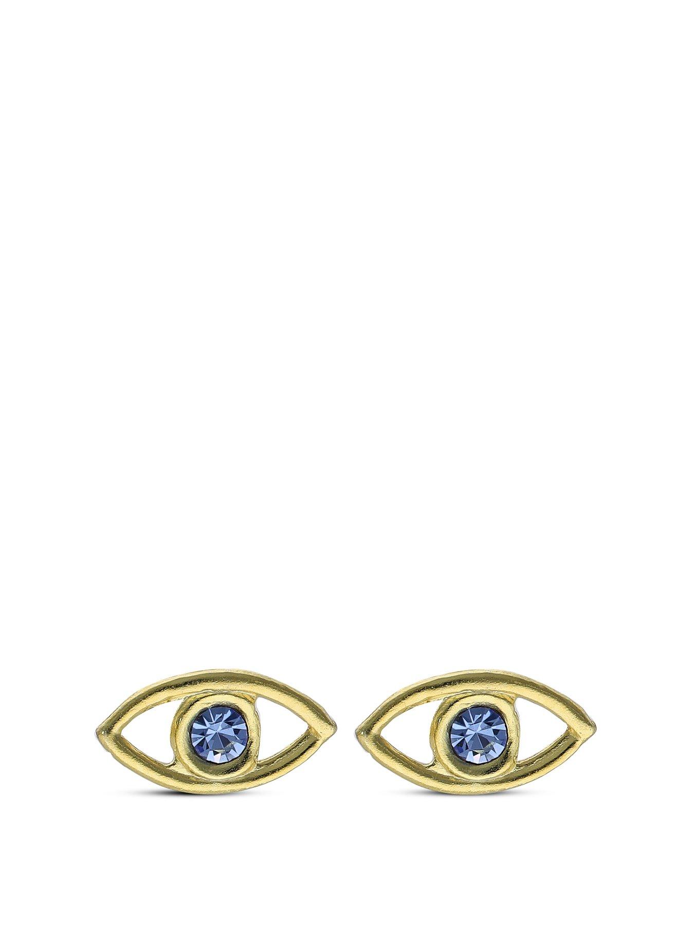 undefined Sterling Silver Gold Plated Blue CZ Evil Eye Stud Earrings