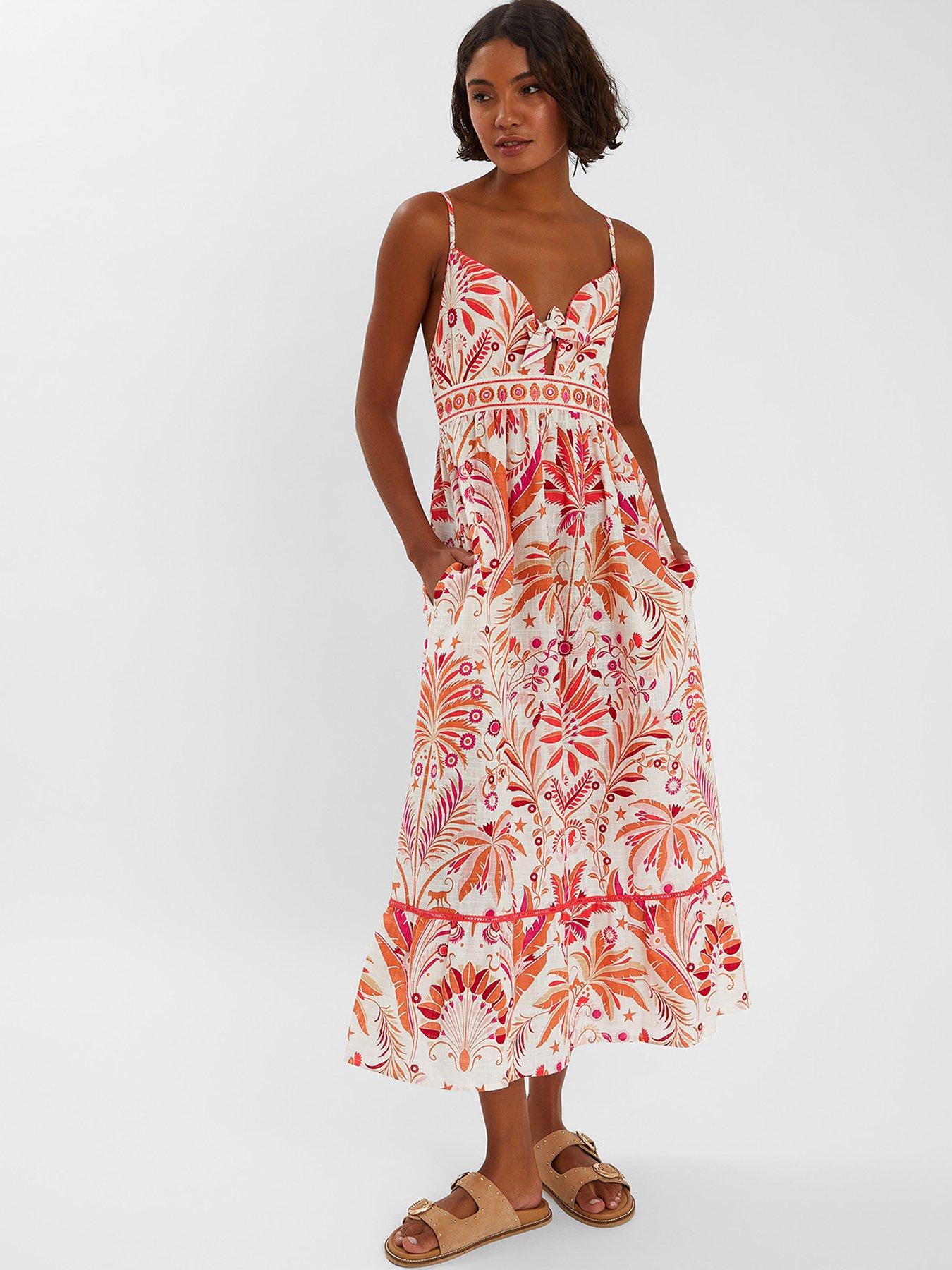 Image 1 of 4 of Accessorize Ornamental Palm Print Tie Front Midi Sundress - Ivory - Cream