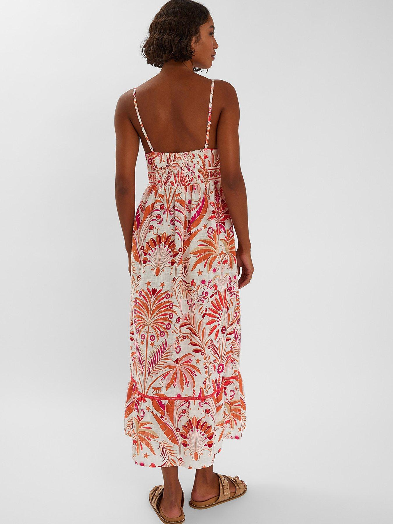 Image 2 of 4 of Accessorize Ornamental Palm Print Tie Front Midi Sundress - Ivory - Cream