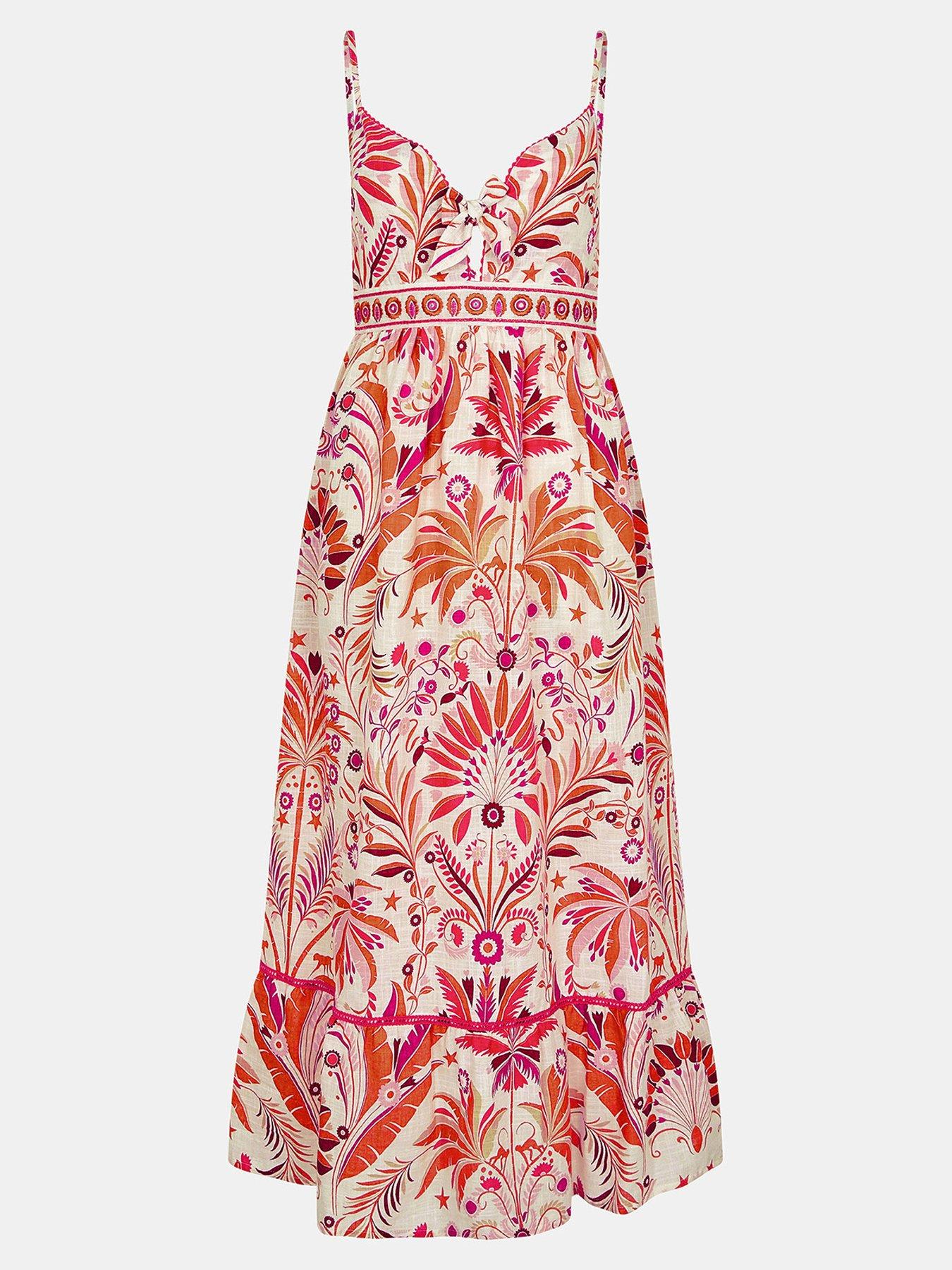 Image 3 of 4 of Accessorize Ornamental Palm Print Tie Front Midi Sundress - Ivory - Cream