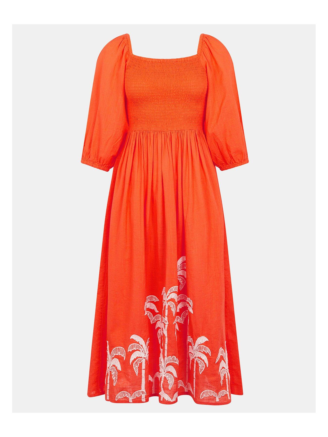  image of accessorize-coral-puff-sleeve-embroidered-coral