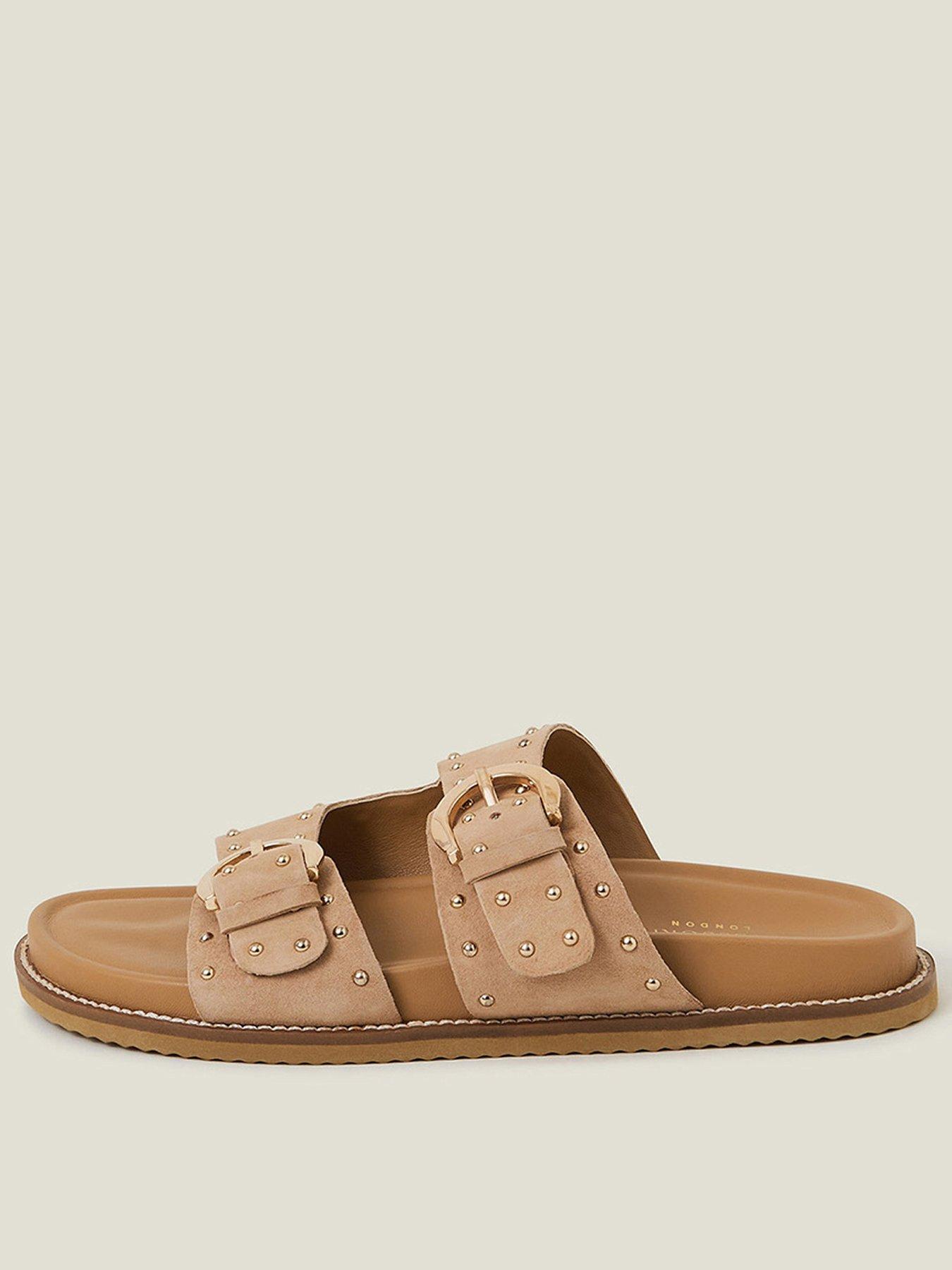  image of accessorize-stud-buckle-leather-sandals-natural