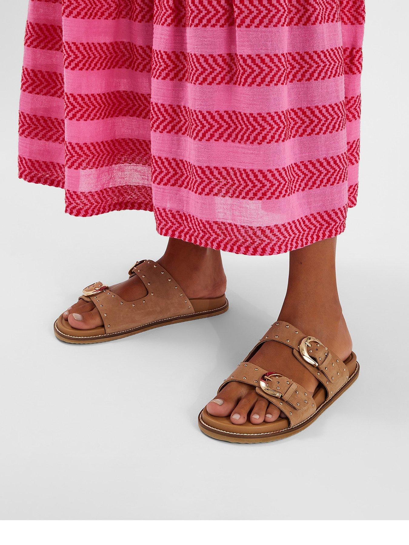  image of accessorize-stud-buckle-leather-sandals-natural