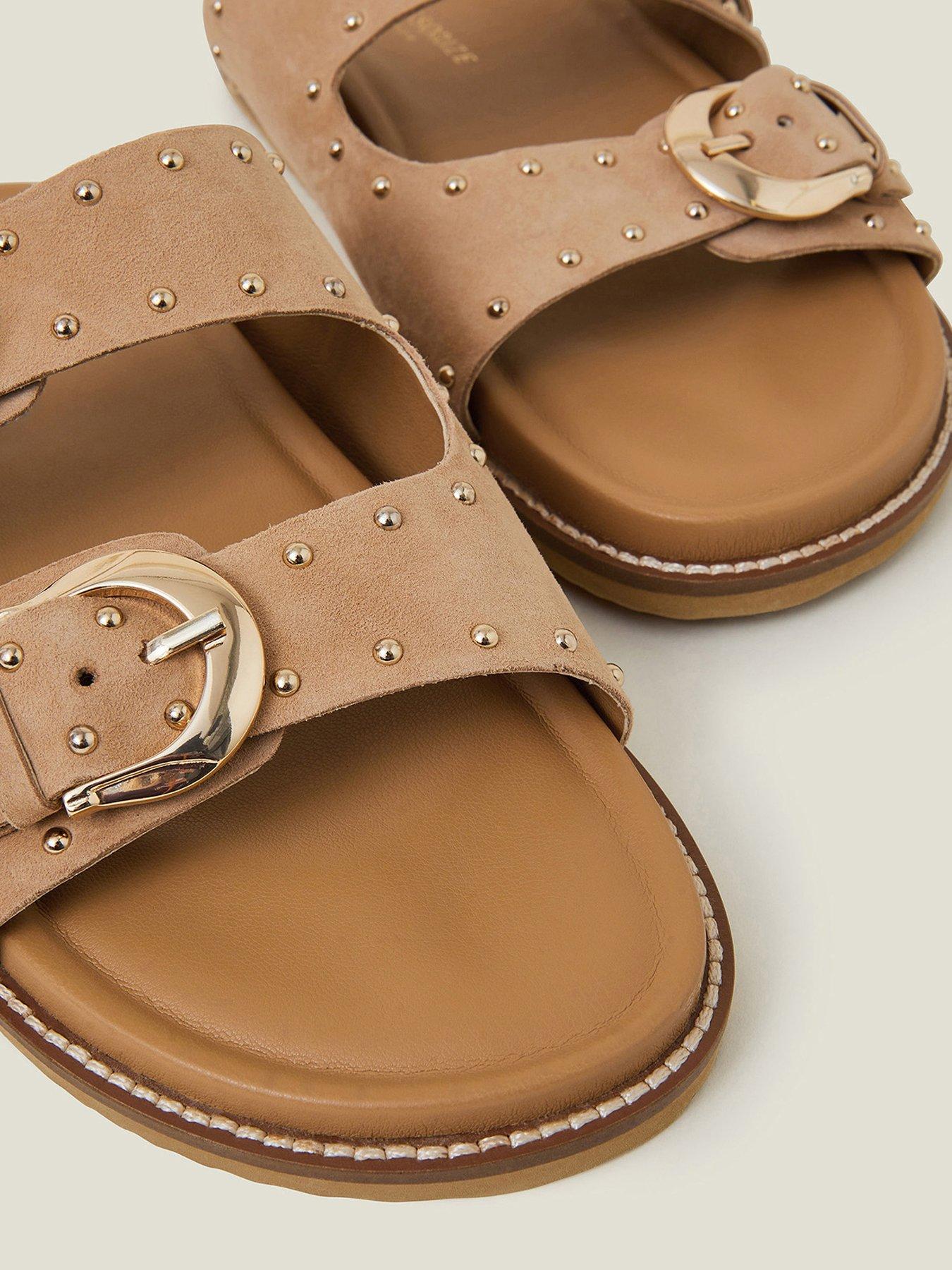  image of accessorize-stud-buckle-leather-sandals-natural