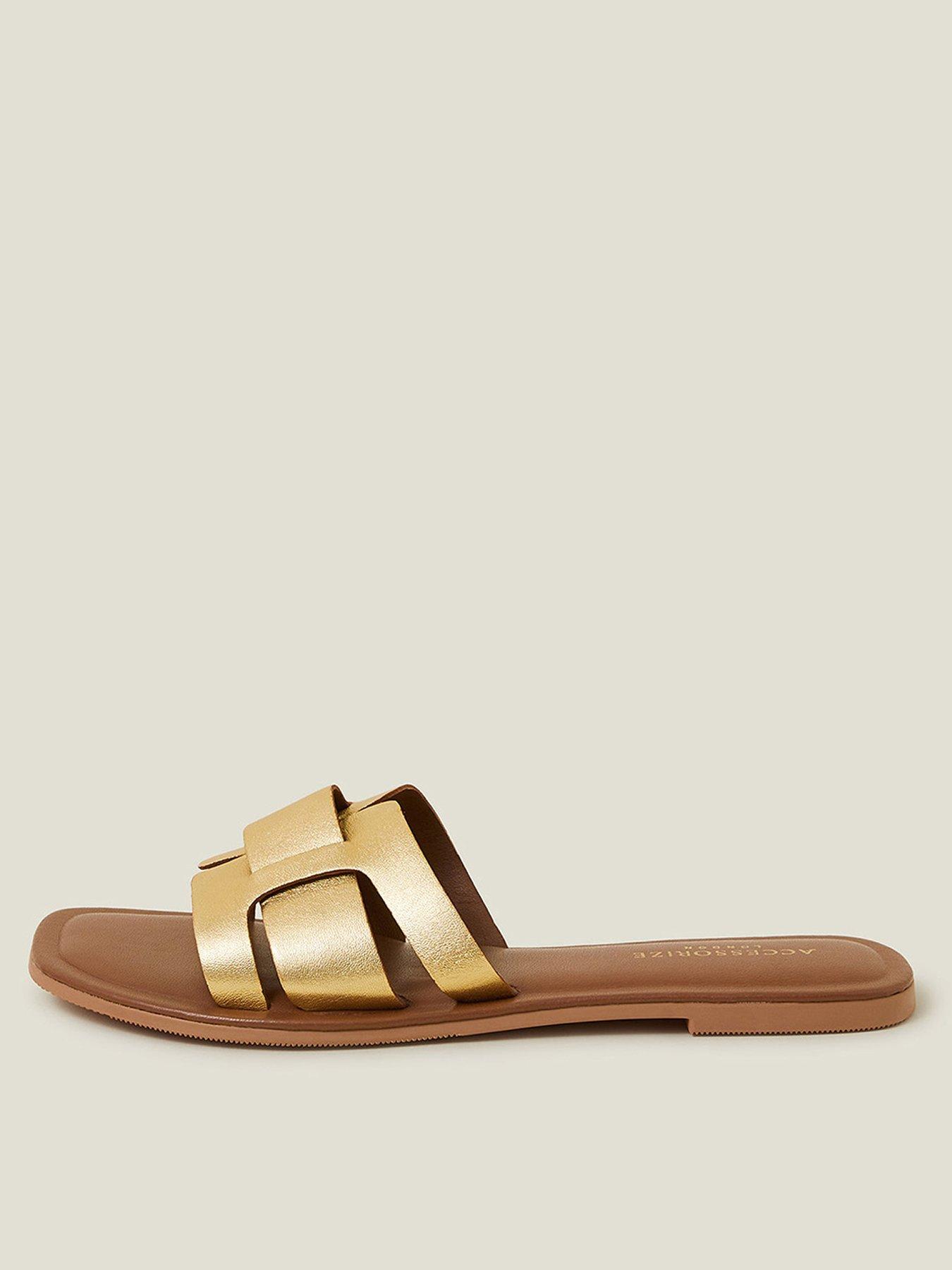 undefined Metallic Leather Cut-Out Slide Sandals - Gold