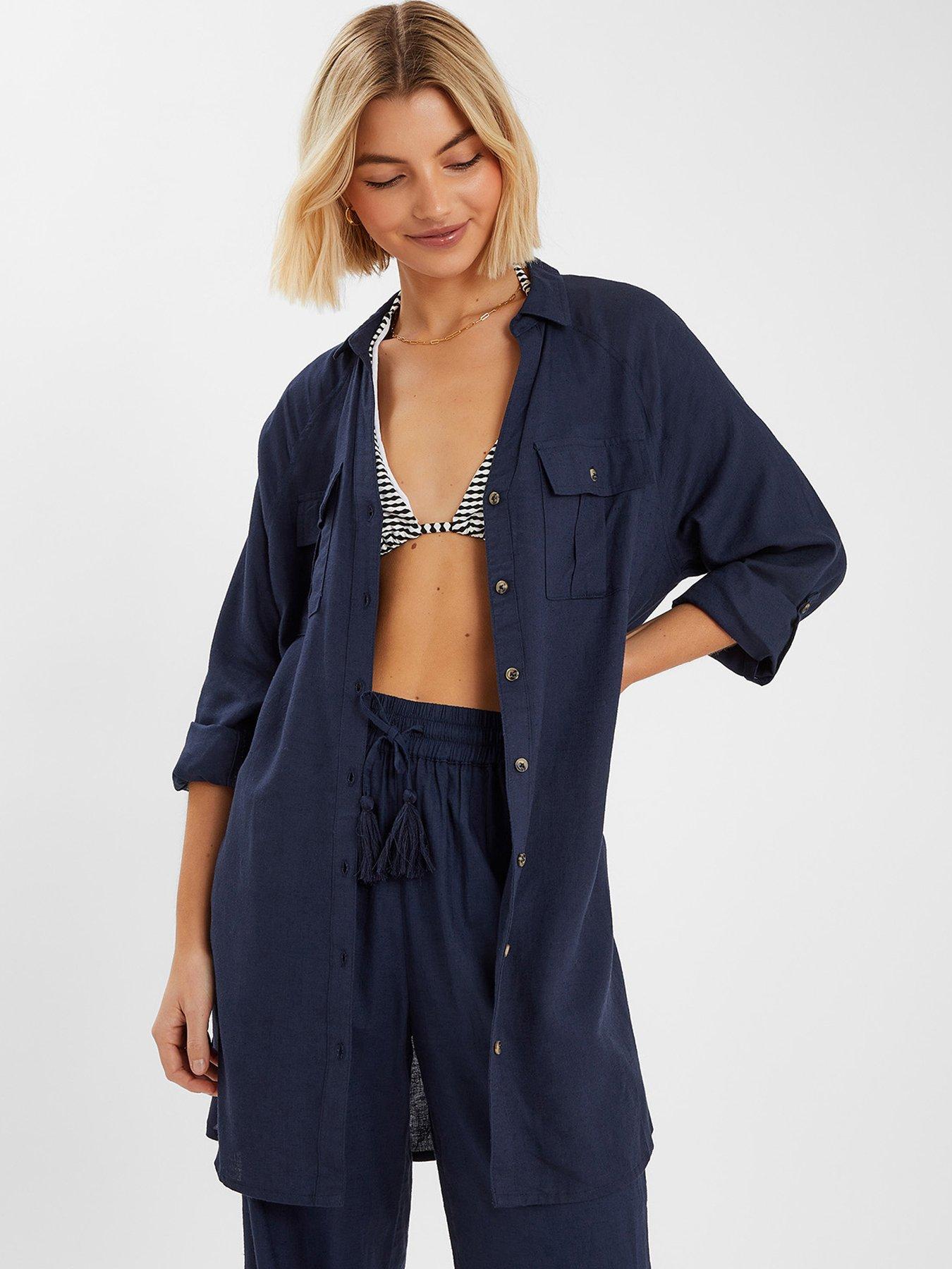  image of accessorize-long-sleeve-beach-cover-up-shirt-navy