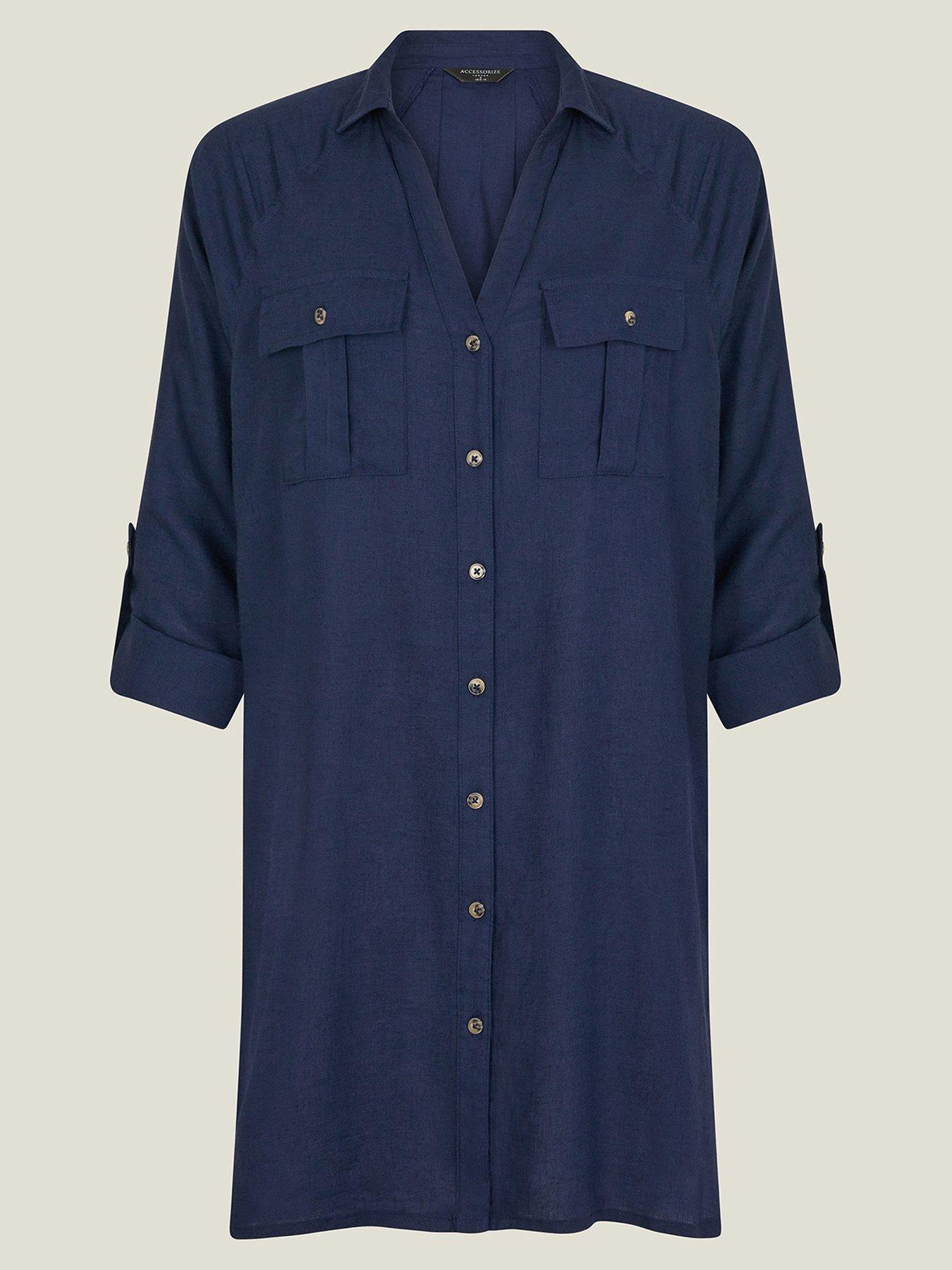  image of accessorize-long-sleeve-beach-cover-up-shirt-navy