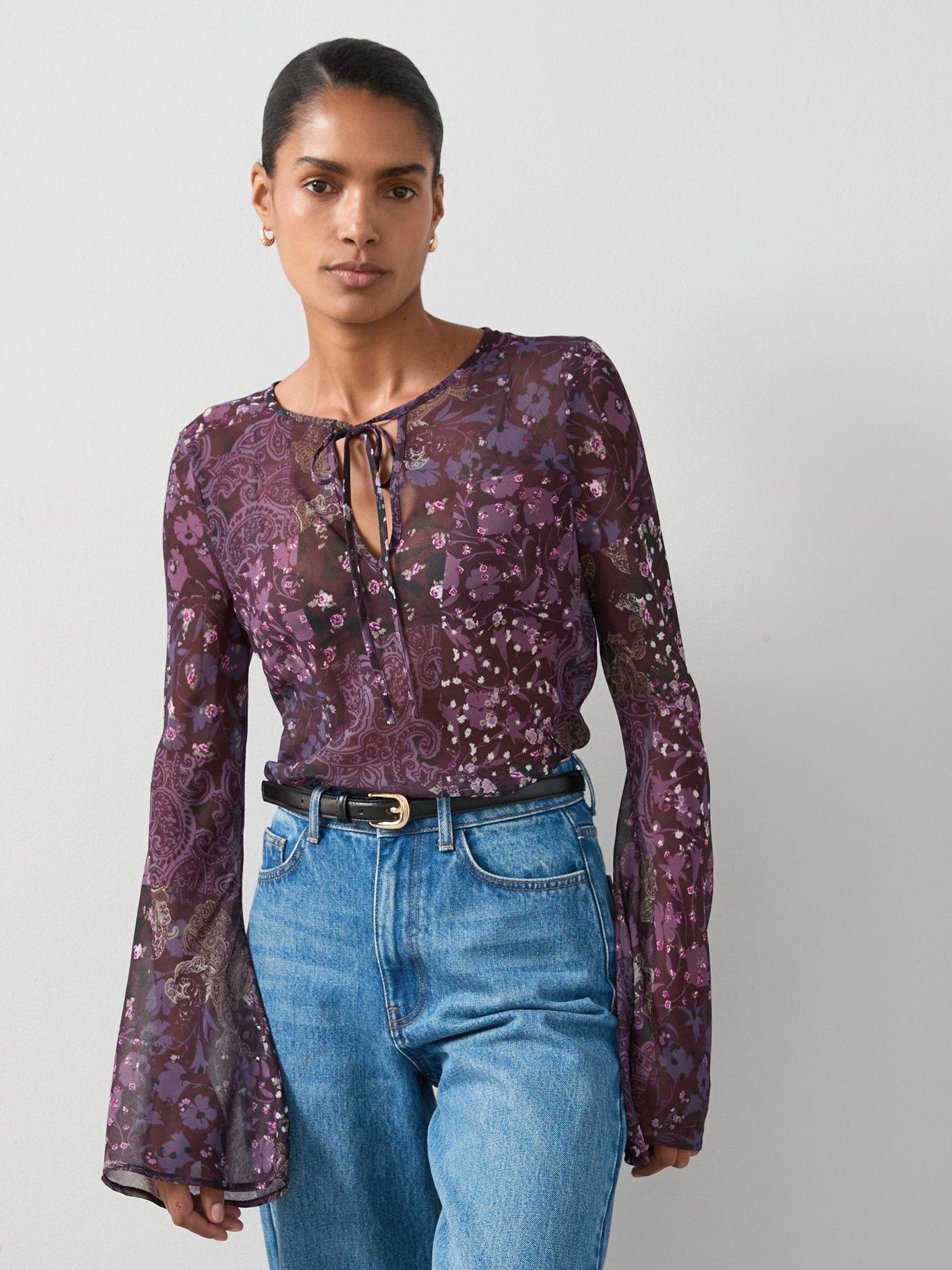 undefined Paisley Print Keyhole Detailed Tie Blouse - Purple