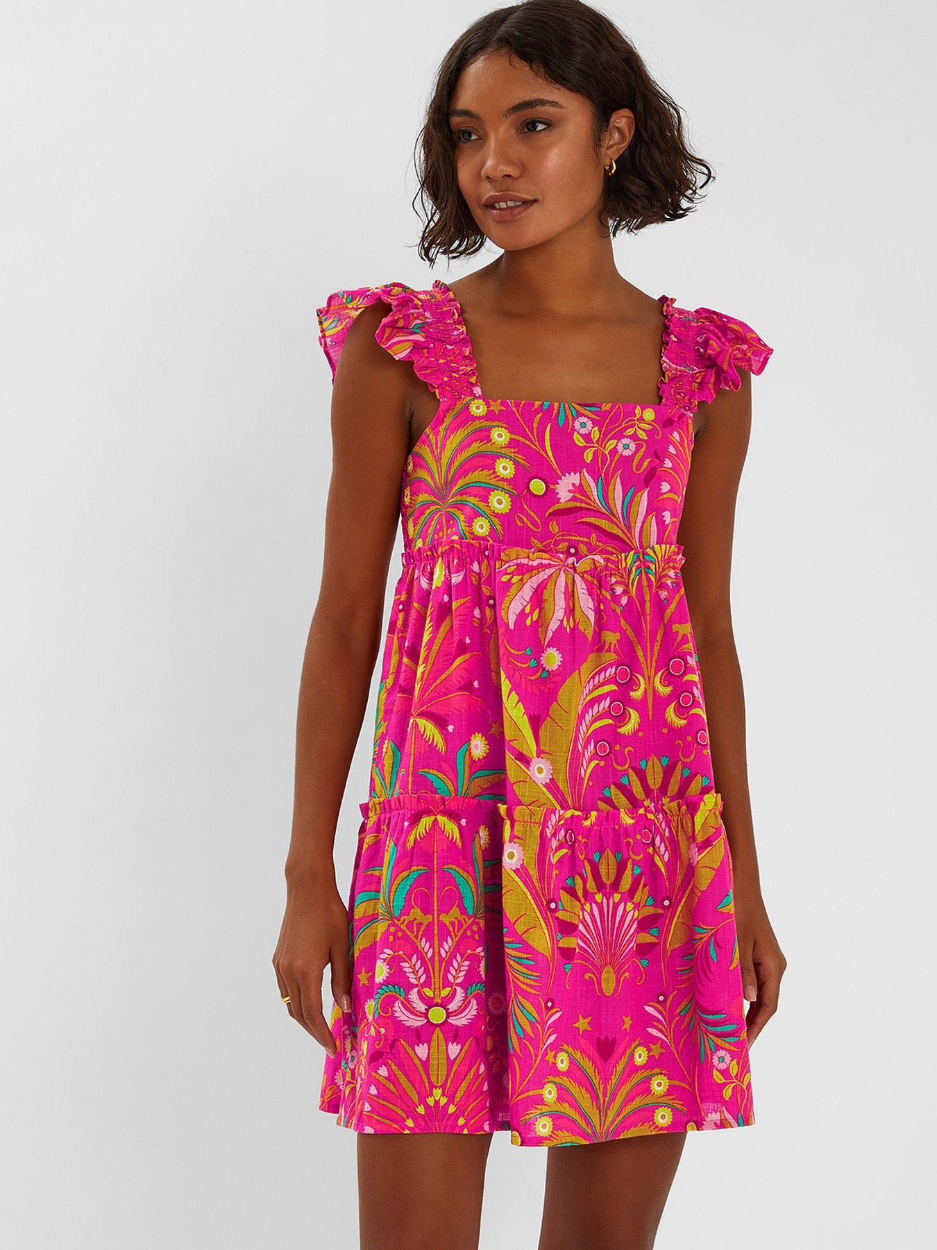 undefined Ornamental Print Frilly Mini Dress - Pink