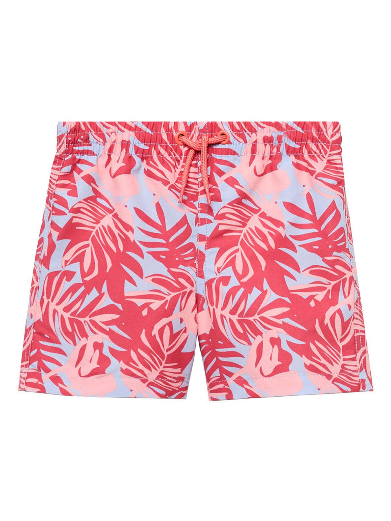  image of mango-younger-boys-leaf-print-swimshorts-pink