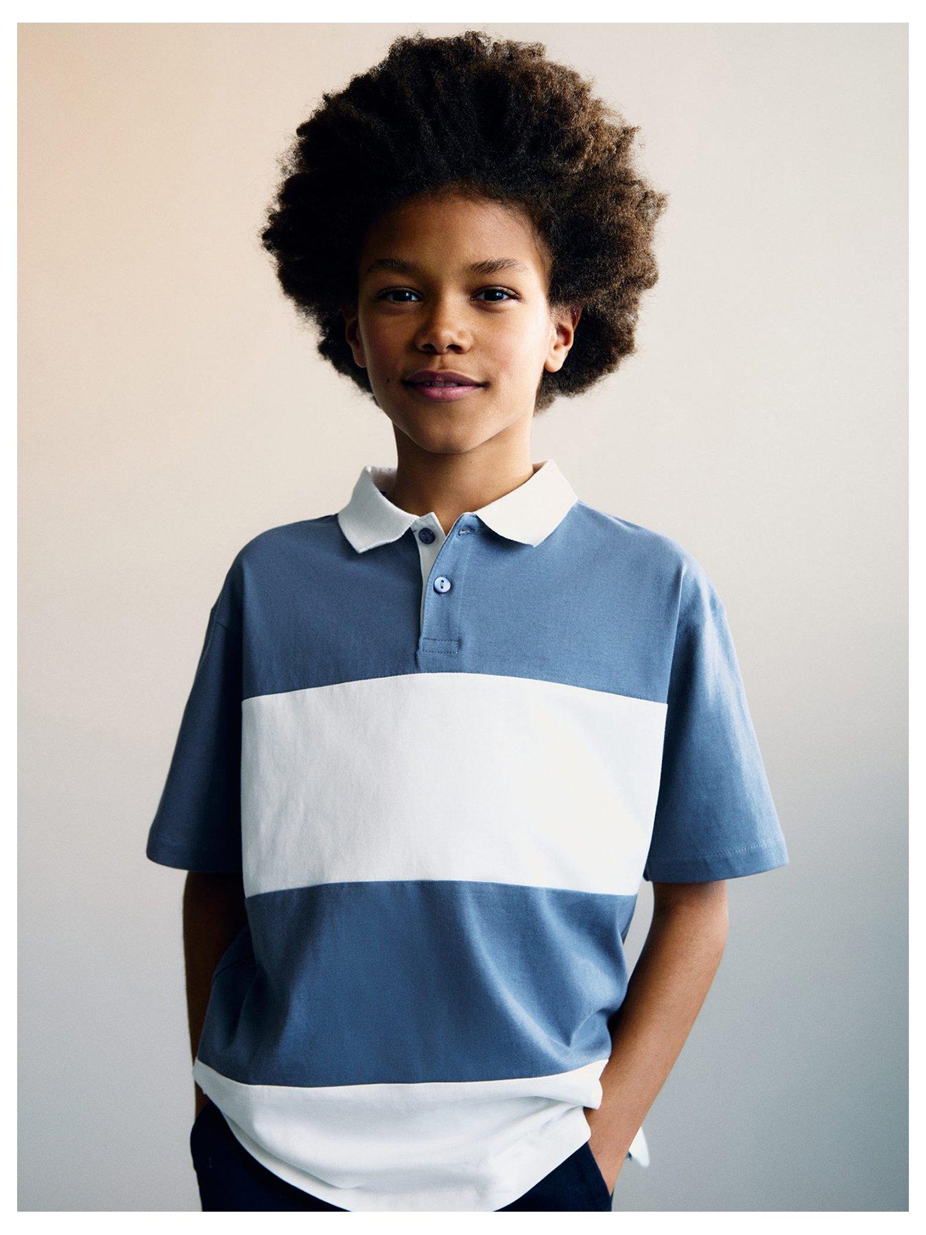  image of mango-boys-block-stripe-short-sleeve-polo-shirt-blue