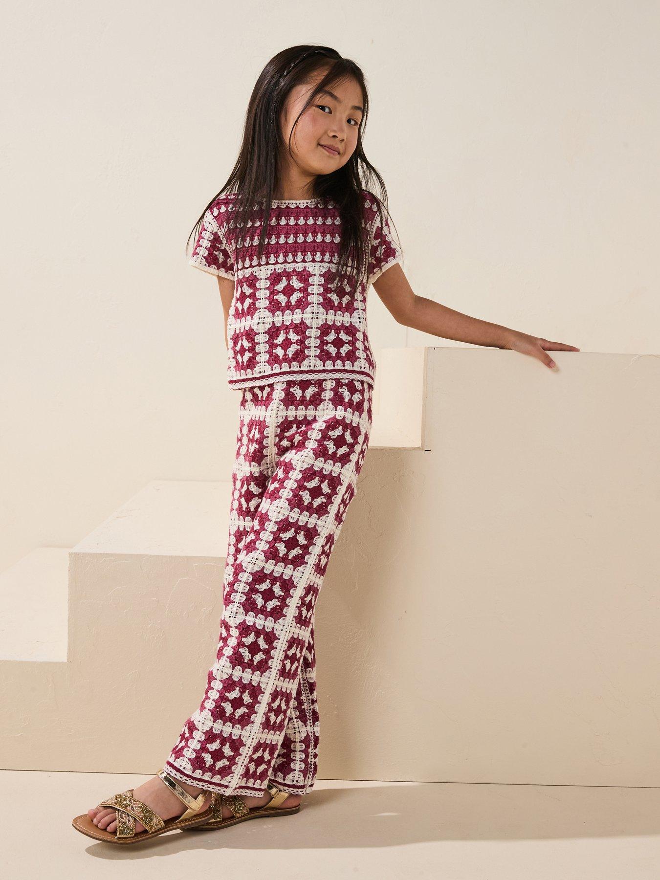 Image 1 of 6 of Mango Girls Amara Crochet Knitted Trousers - Red