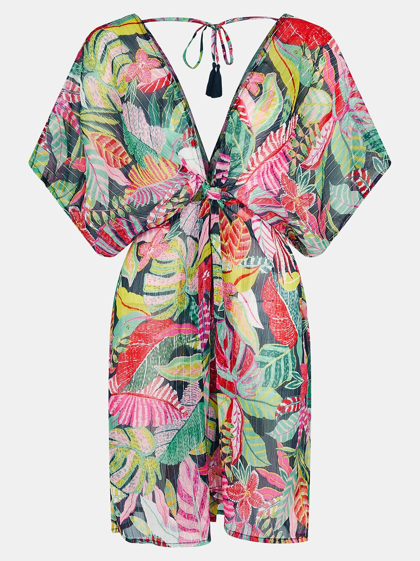  image of accessorize-tropical-print-chiffon-kaftan-cover-up-black