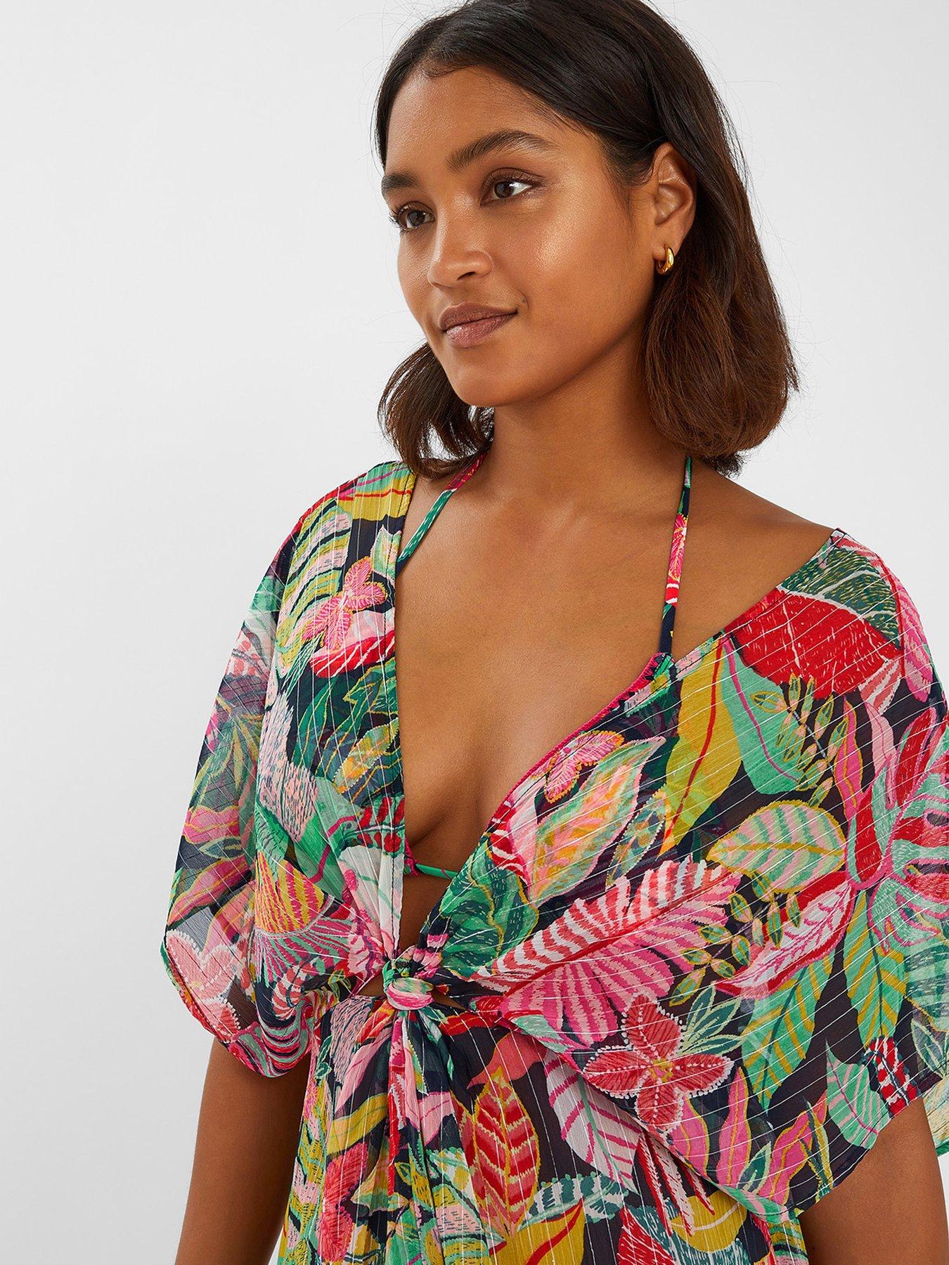  image of accessorize-tropical-print-chiffon-kaftan-cover-up-black