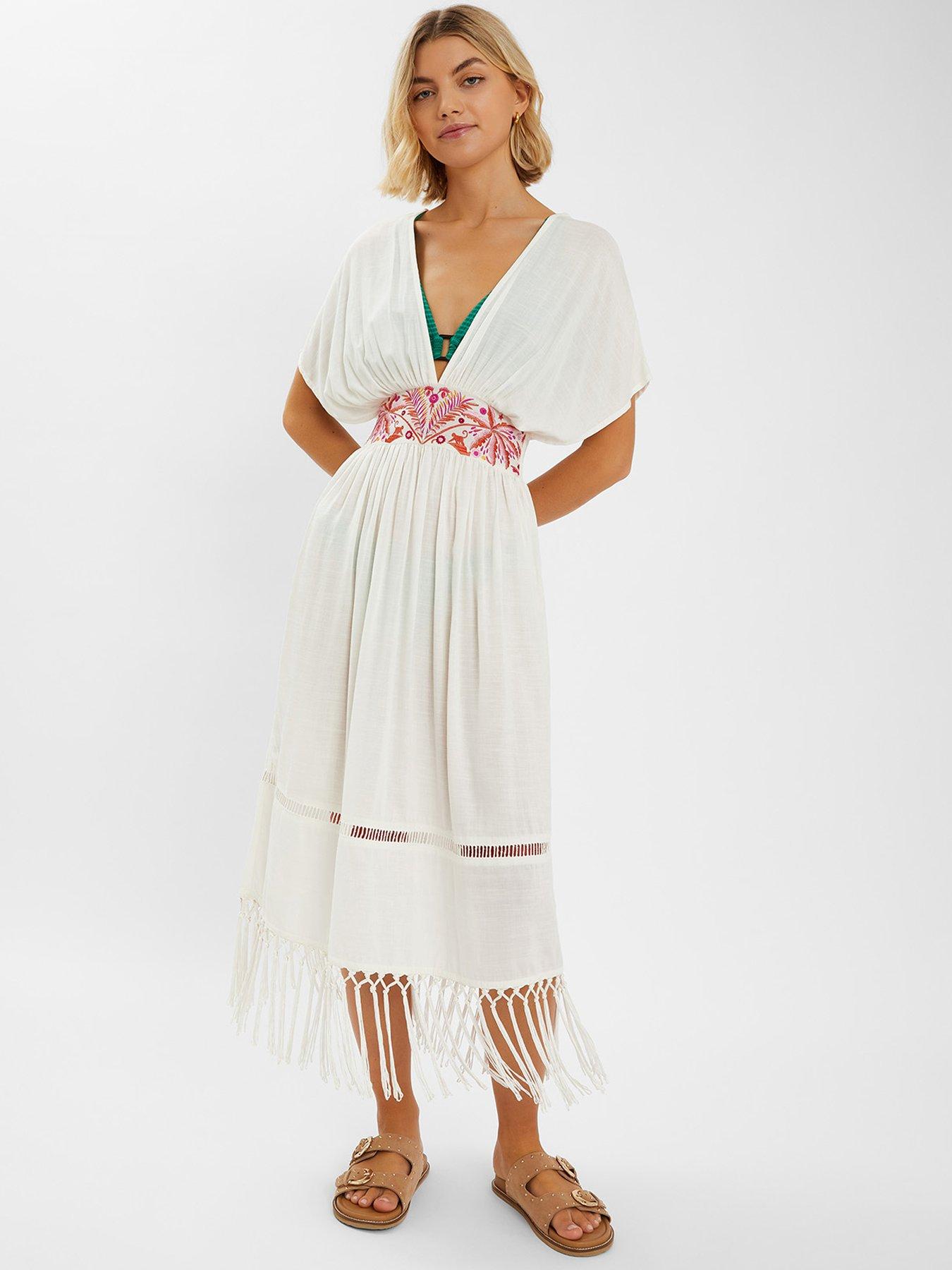 undefined Palm Embroidered Fringe Kaftan Midi Dress - Ivory