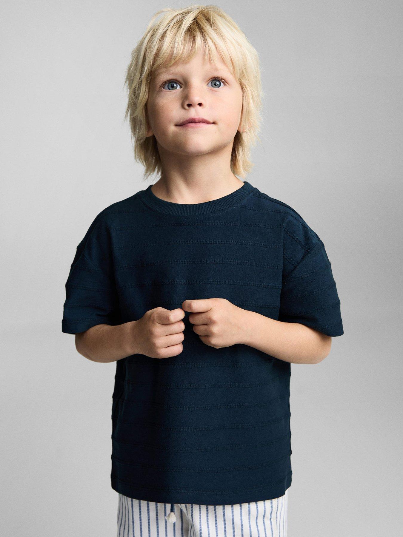  image of mango-younger-boys-textured-stripe-short-sleeve-t-shirt-navy-navy