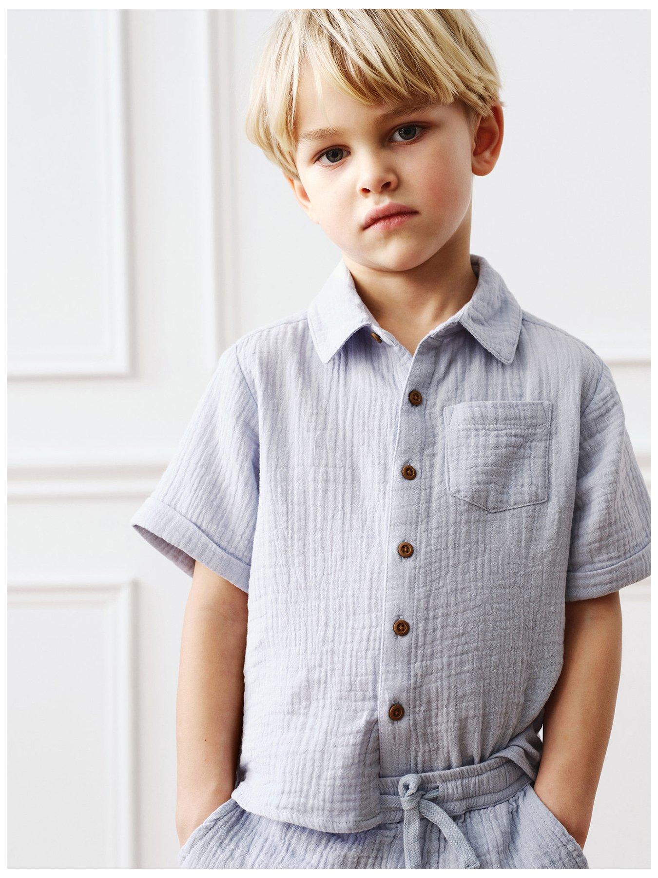  image of mango-younger-boys-cheesecloth-co-ord-short-sleeve-shirt-light-blue