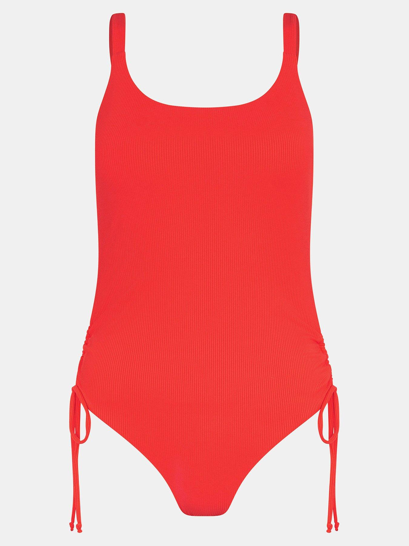  image of accessorize-coral-rib-ruched-side-swimsuit-coral