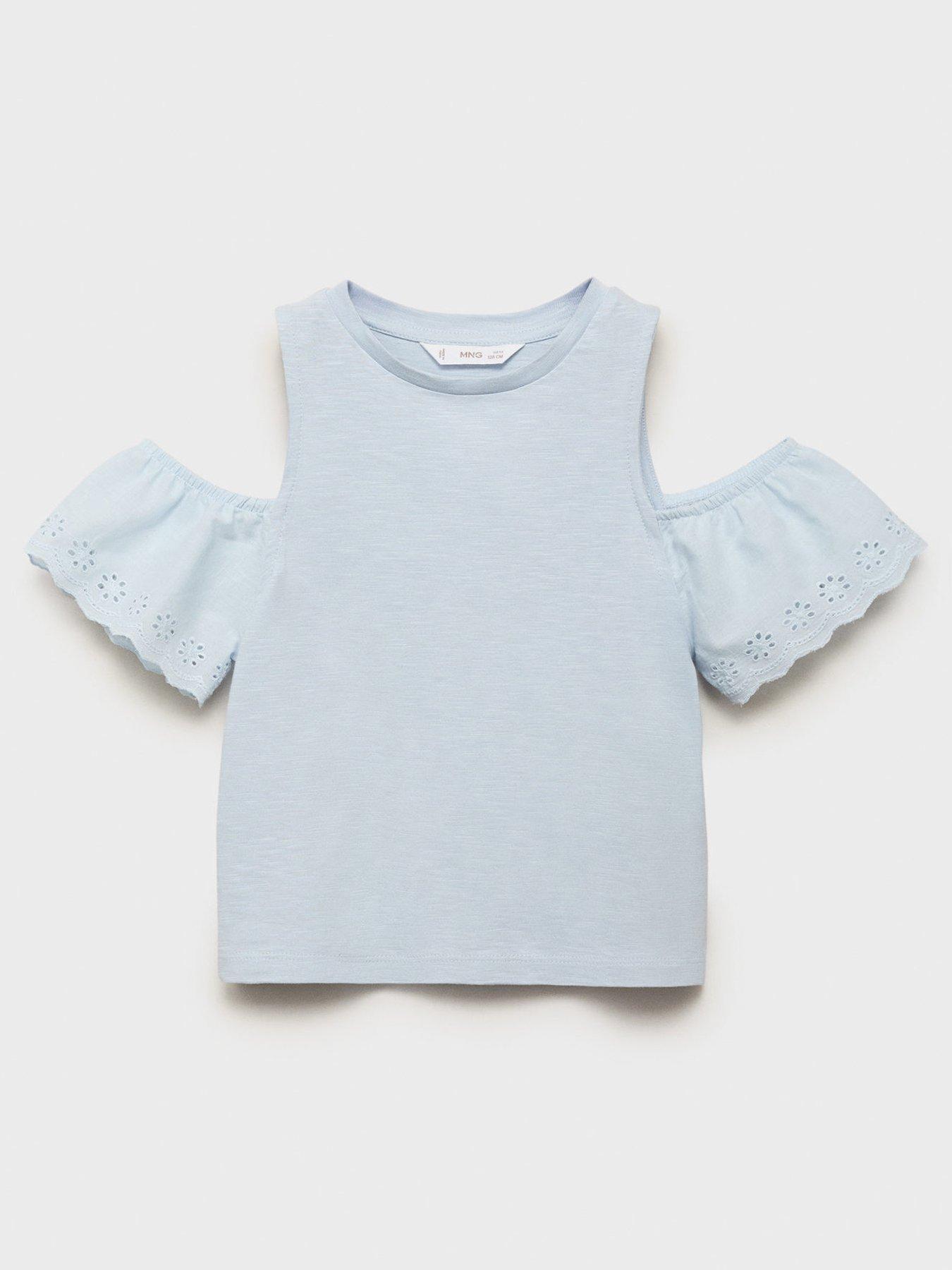  image of mango-girls-frill-cold-shoulder-t-shirt-light-blue