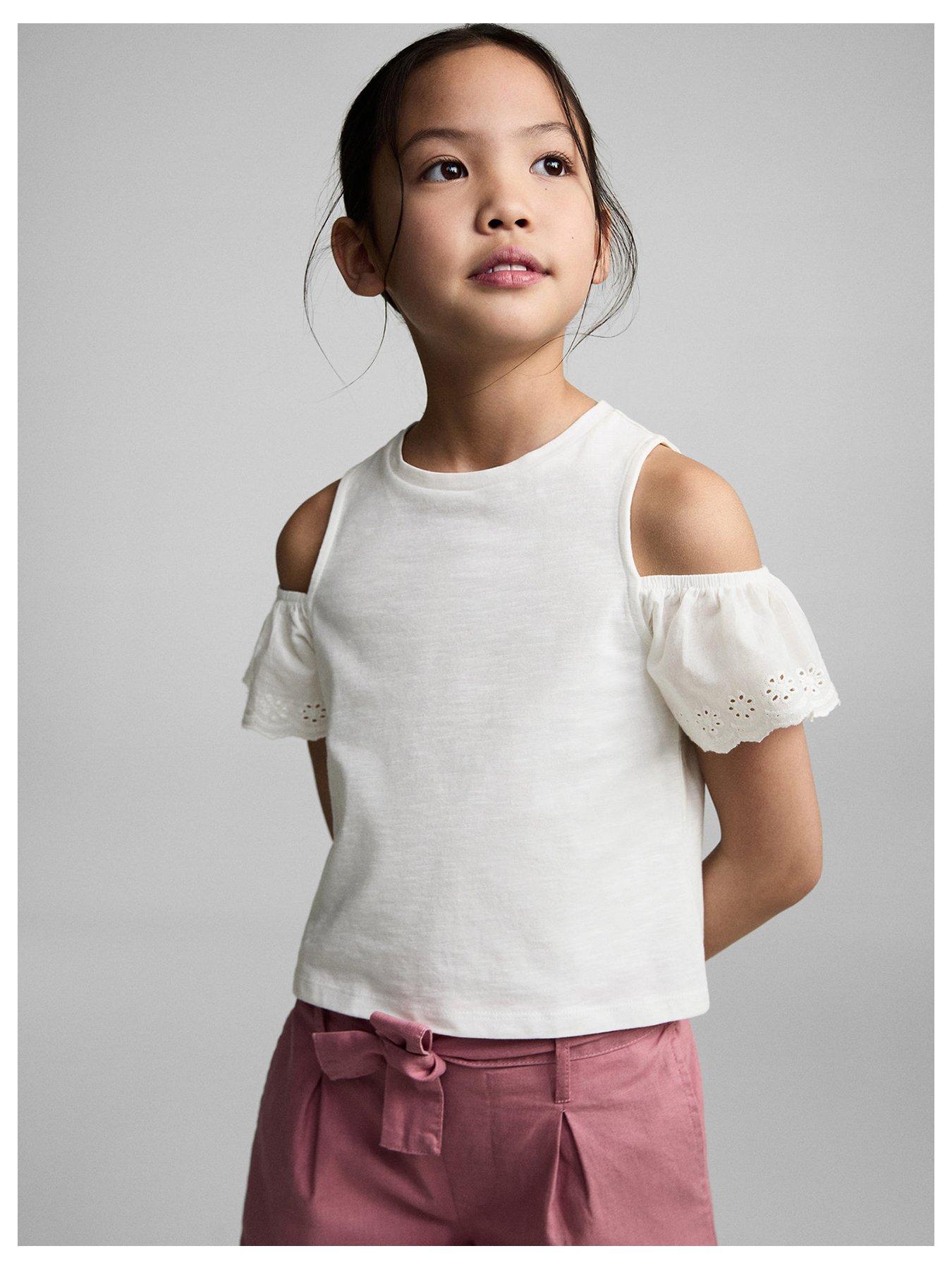  image of mango-girls-frill-cold-shoulder-tshirt-light-cream