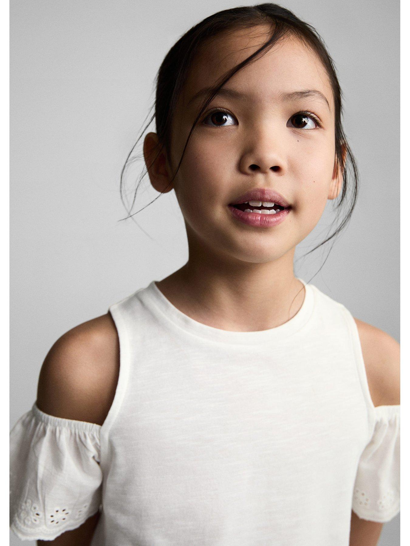  image of mango-girls-frill-cold-shoulder-tshirt-light-cream