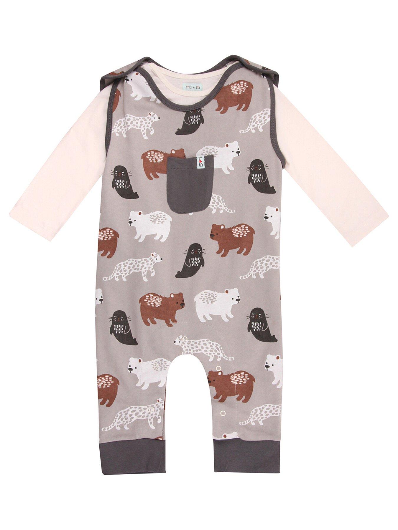  image of lilly-sid-baby-boys-animals-print-dungaree-top-set-grey