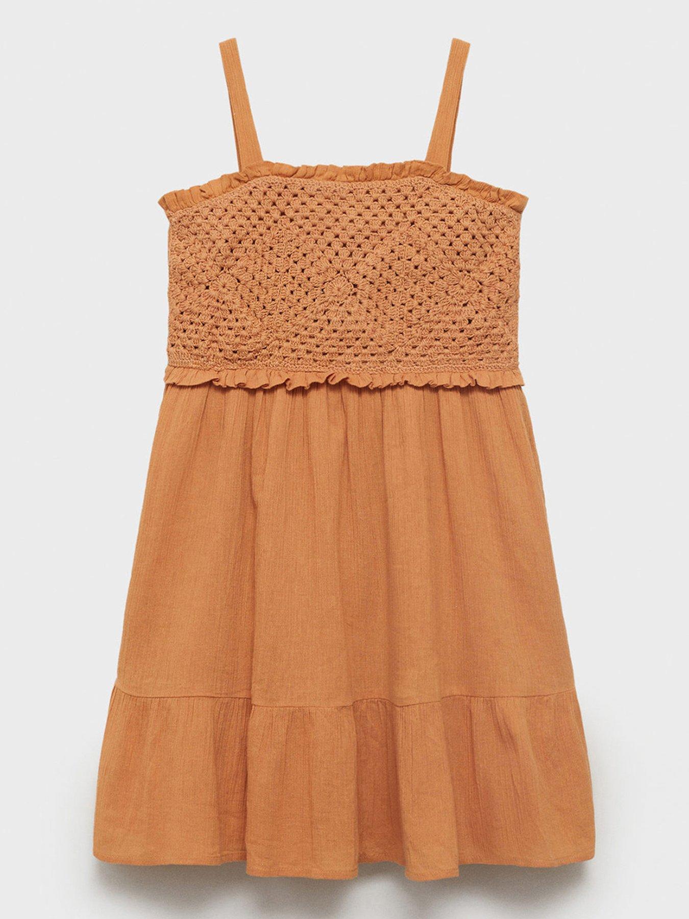 Mango Girls Crochet Bodice Strappy Dress - Orange