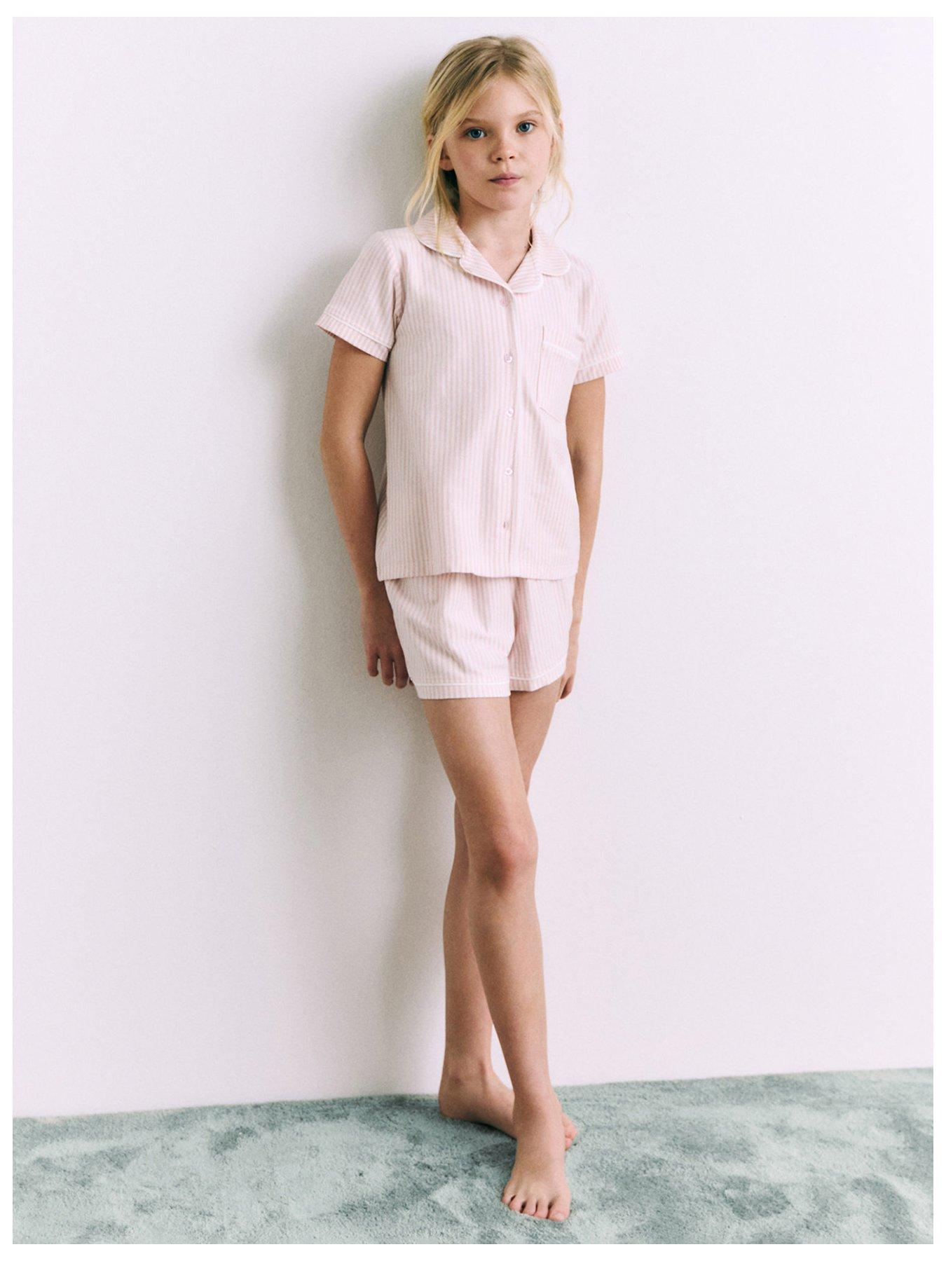 undefined Girls Button Through Stripe Shortie Pyjamas - Pink