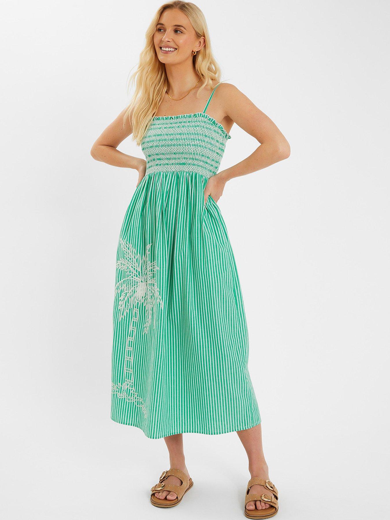 front image of accessorize-green-stripe-palm-embroided-midi-dress-green
