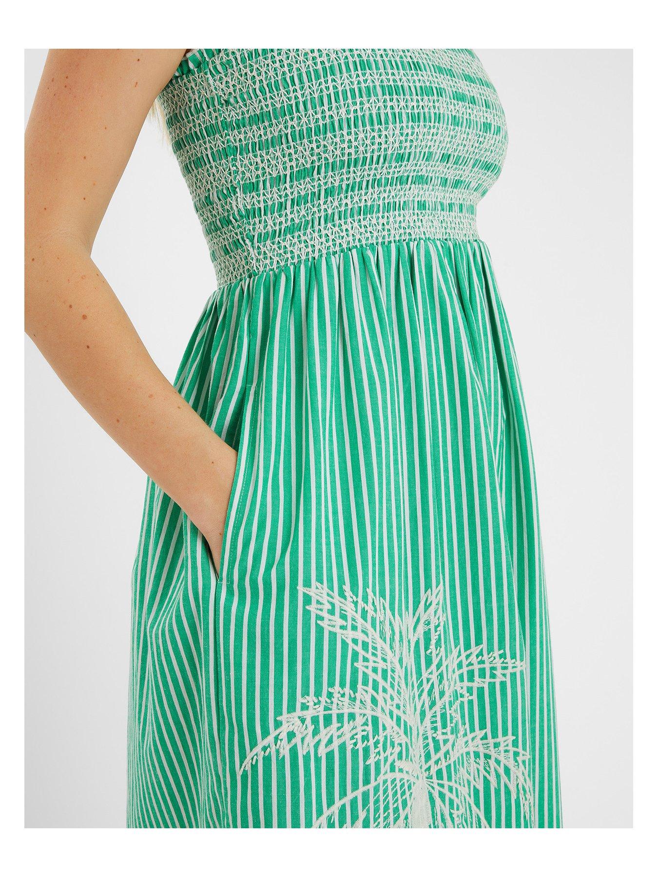  image of accessorize-green-stripe-palm-embroided-midi-dress-green
