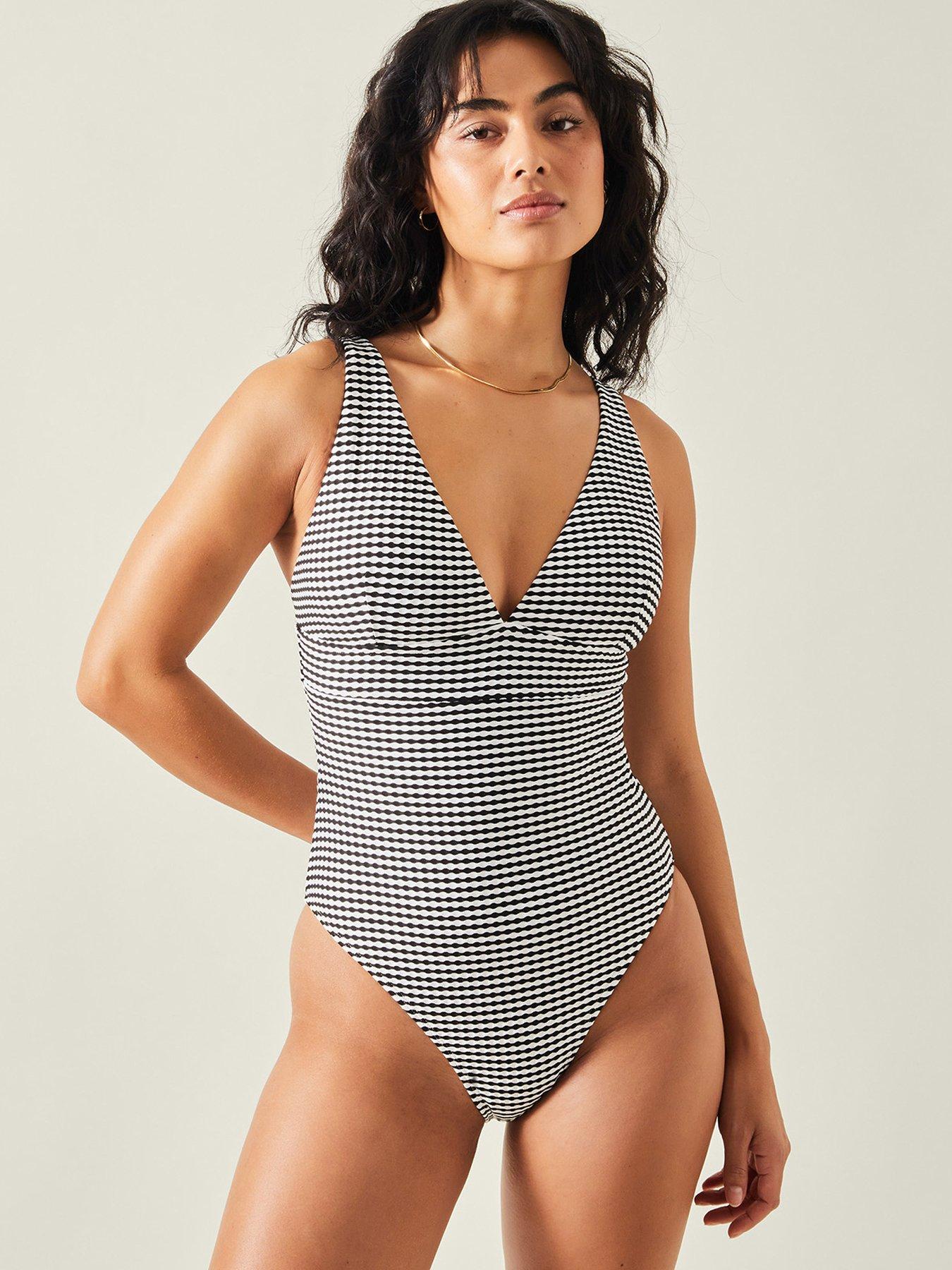 undefined Seersucker Plunge Swimsuit - Black/White
