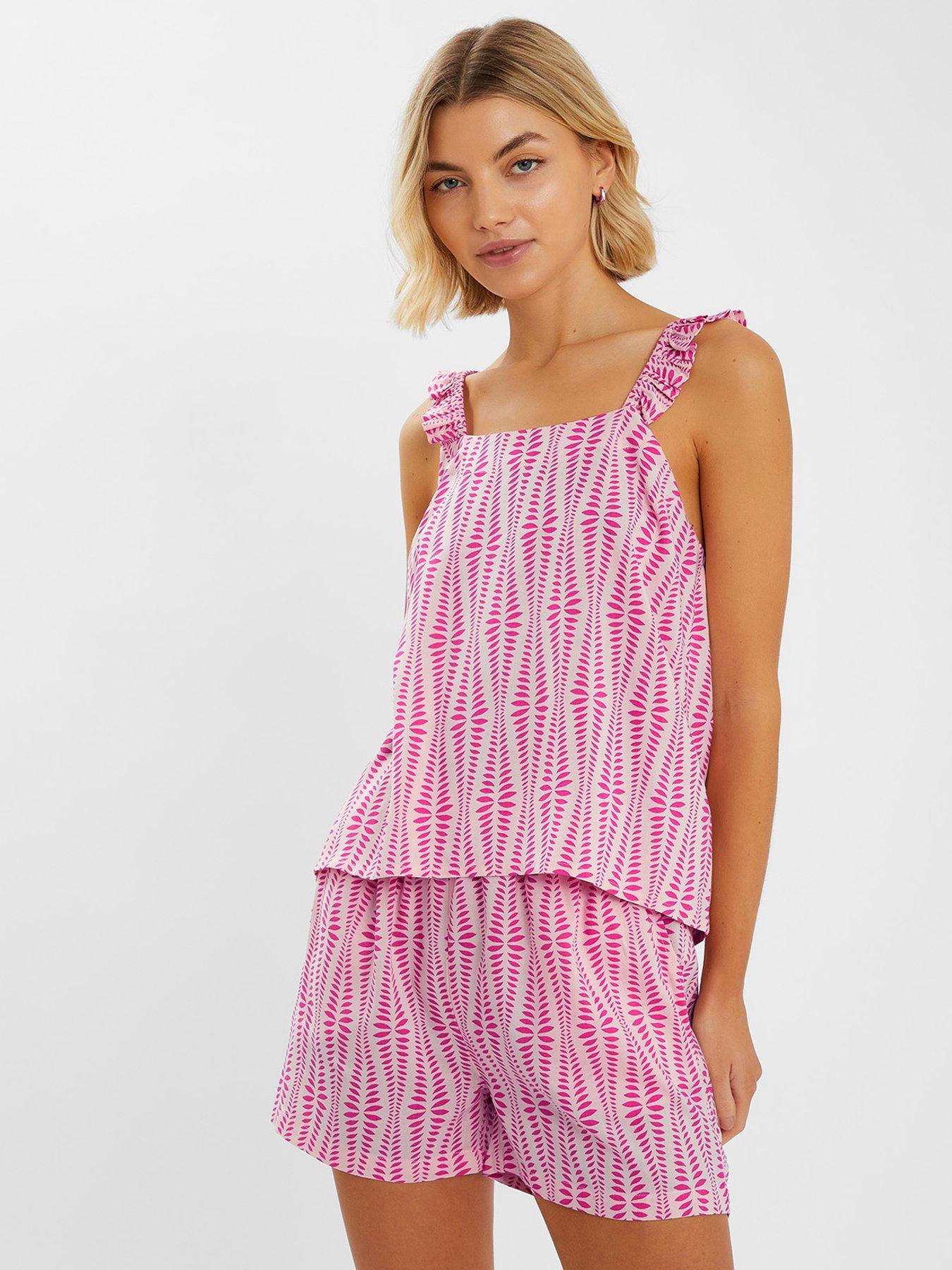 undefined Ikat Frill Shoulder Pyjama Set- Pink
