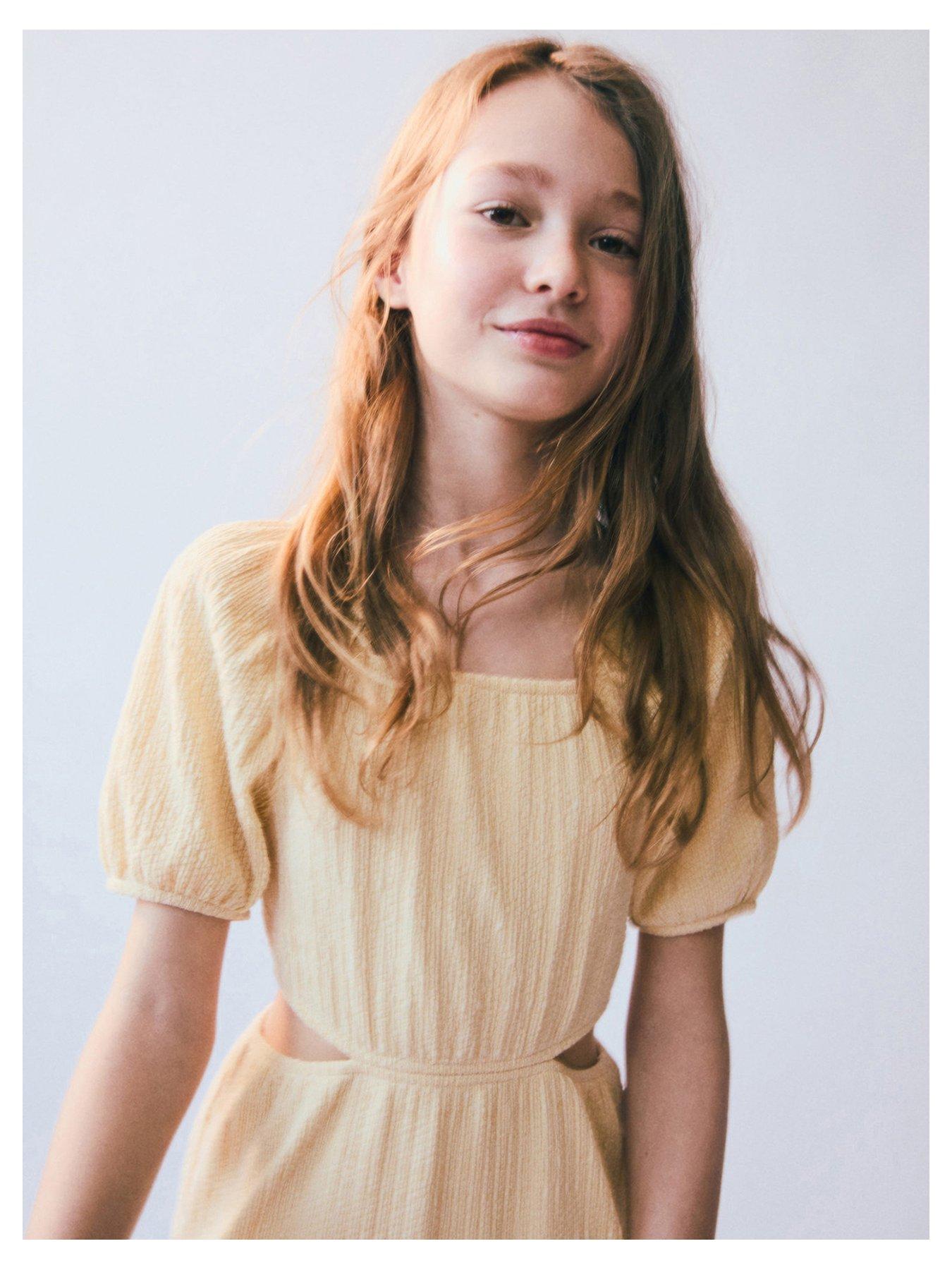 Mango Girls Cut Out Waist Dress - Light Yellow