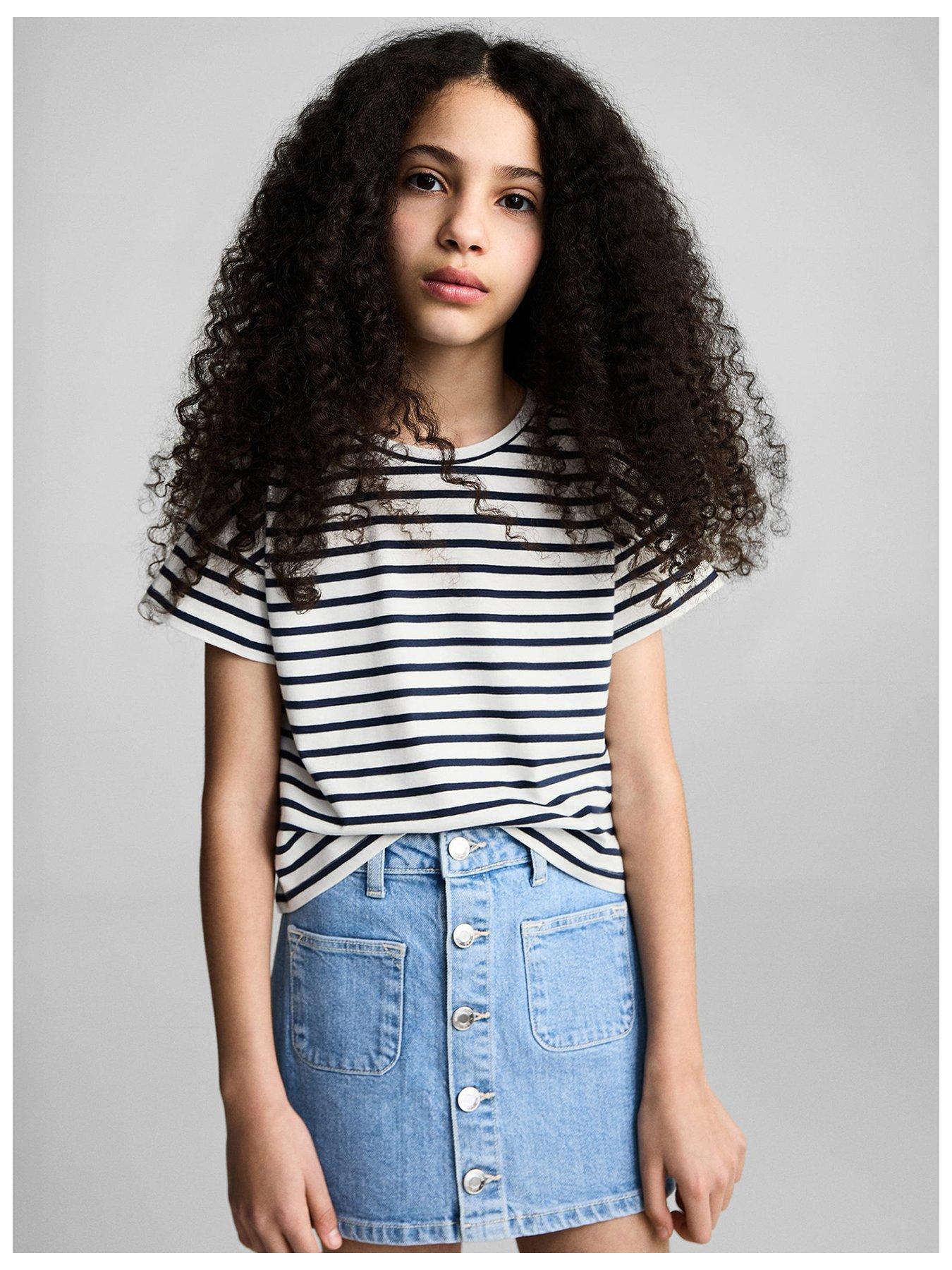  image of mango-girls-stripe-short-sleeve-cold-shoulder-t-shirt-navy