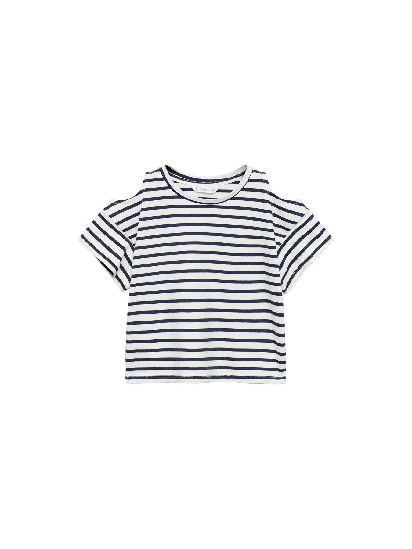  image of mango-girls-stripe-short-sleeve-cold-shoulder-t-shirt-navy