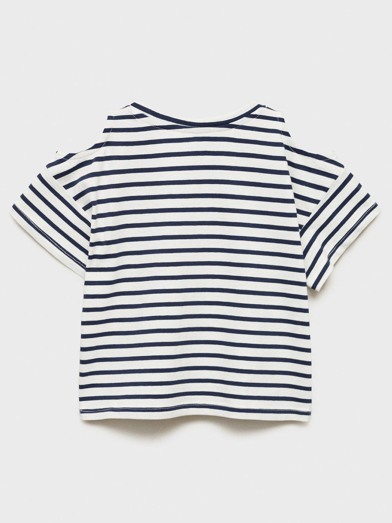  image of mango-girls-stripe-short-sleeve-cold-shoulder-t-shirt-navy