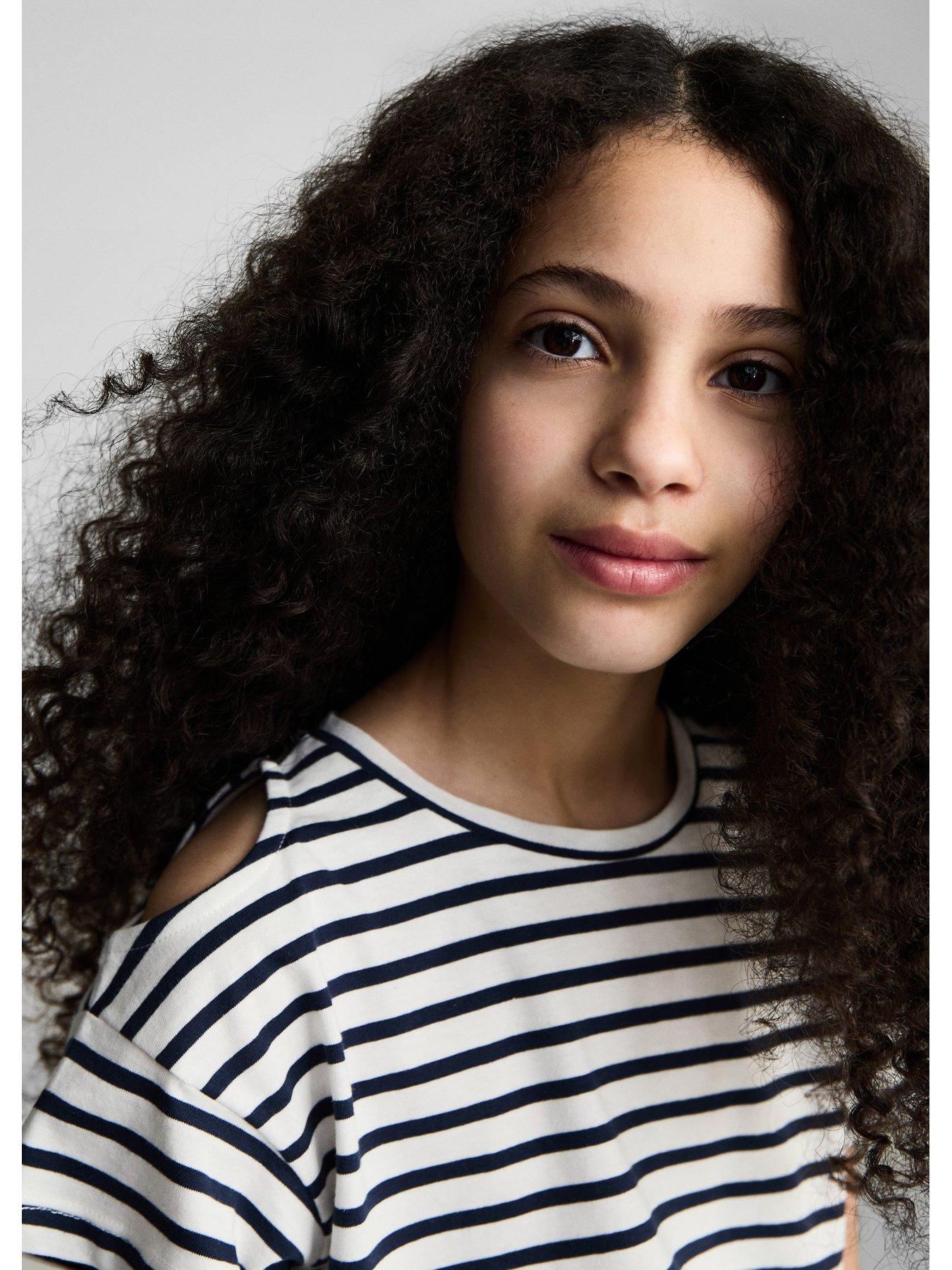  image of mango-girls-stripe-short-sleeve-cold-shoulder-t-shirt-navy