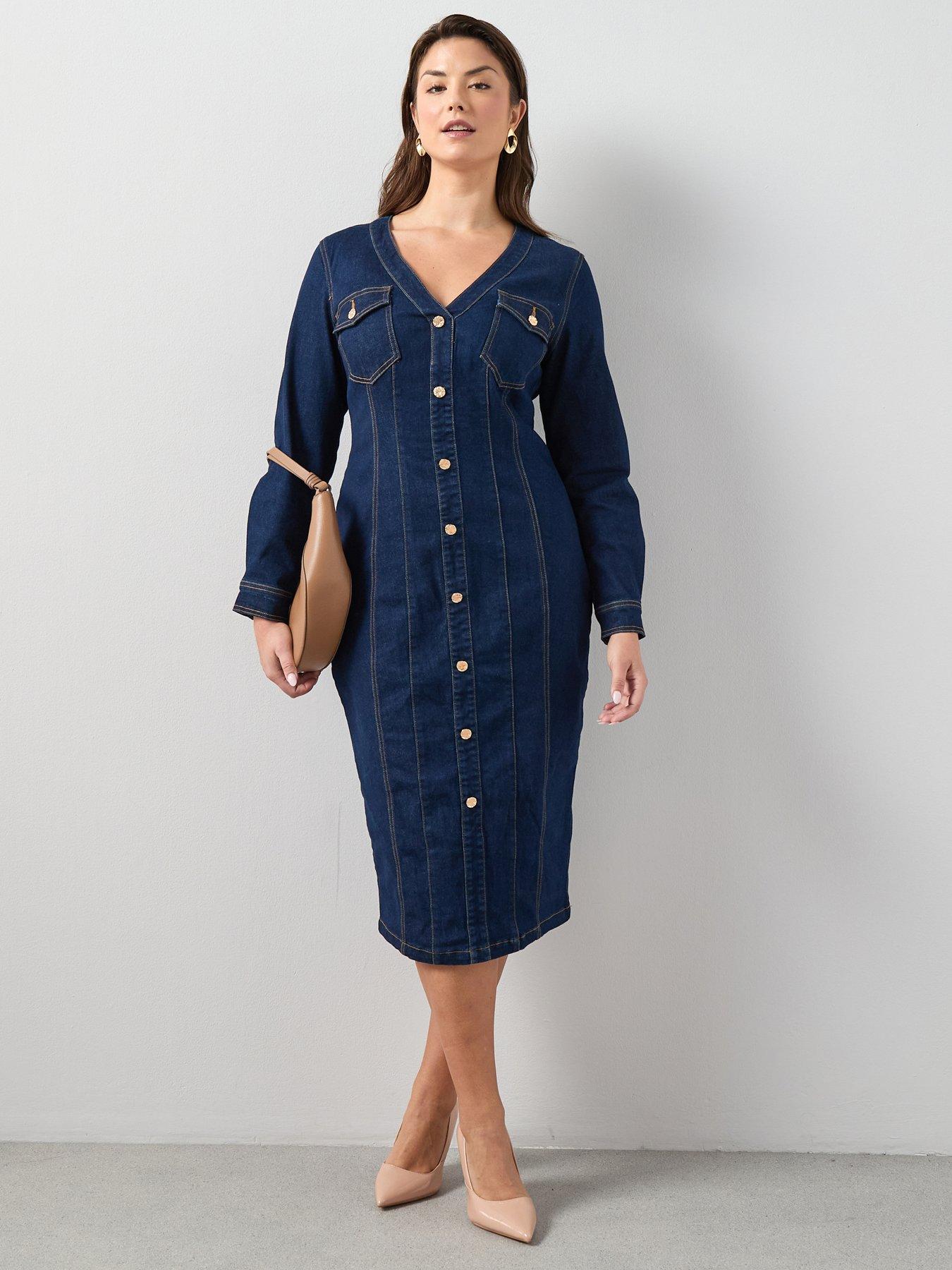  image of the-very-collection-curve-seam-detail-denim-dress-dark-wash